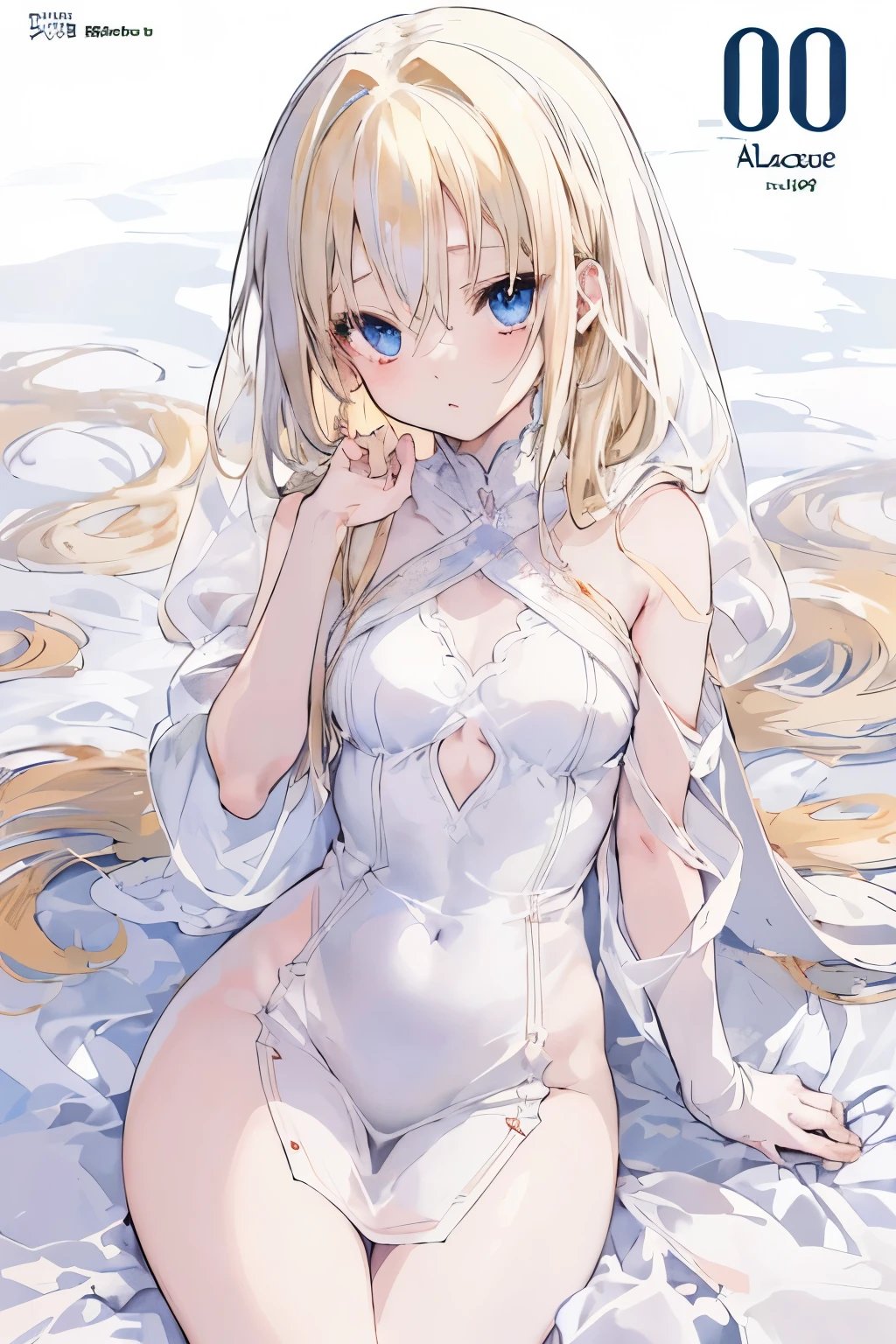 (animesque:1.3), (cover-style:1.3), Extreme refinement, 1girl in、Aloof look、A pure girl, , plain white dress, smock dress, babydoll dress, long wavy hair, blonde hair, platinum hair, mysterious, blue eyes, innocent, pure, angelic shoujo, 2000’s anime style（) ( body) (very thin) (no curves)