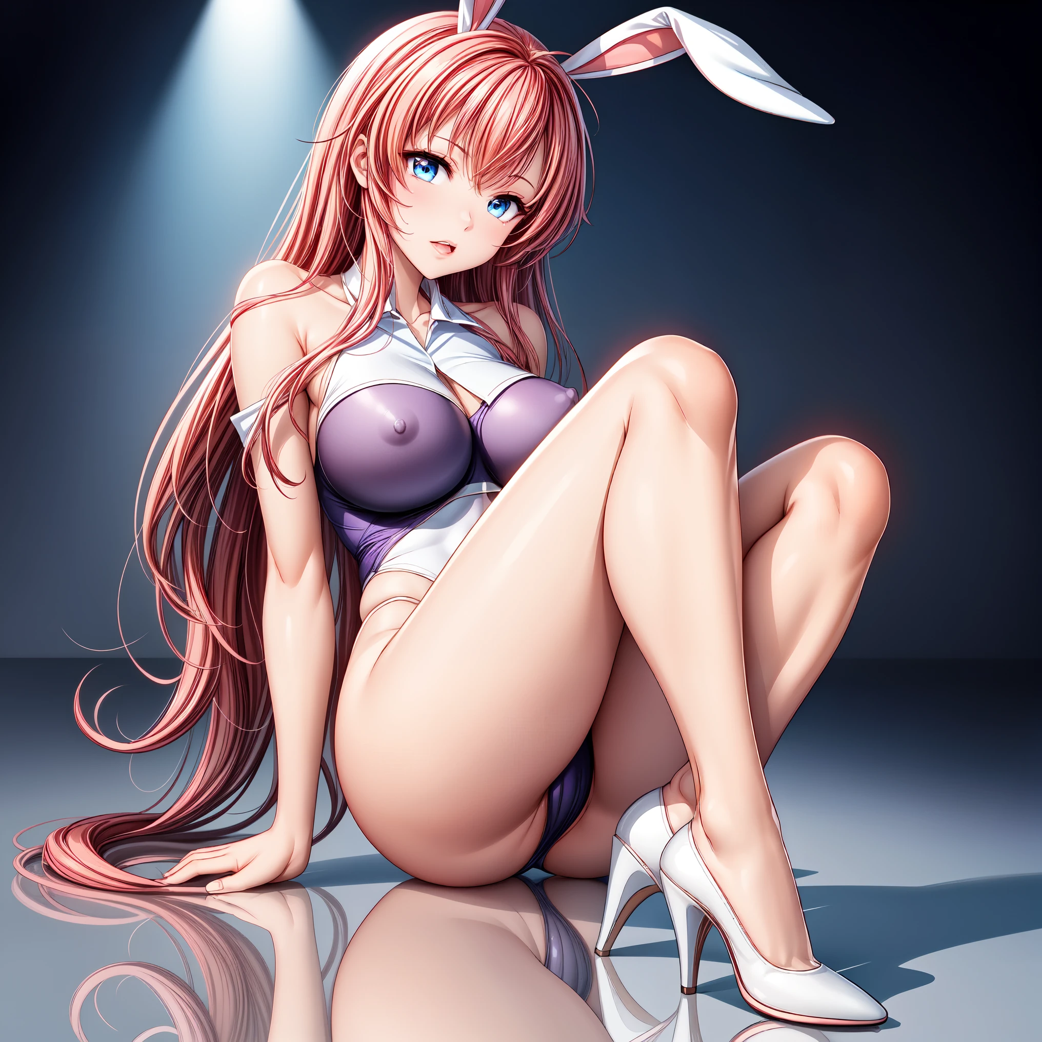 masterpiece, highest quality,beautiful eyes, beautiful hair, beautiful face, beautiful skin, solo, 1 girl, erect nipples, anime girl, (whole body), curvy, beautiful breasts,shiny skin,shining eyes, smooth skin, glowing skin, soft skin, shiny skin, (A purple high-leg competitive swimsuit with no decorations on the shoulders, neck, or abdomen.)、side boob, cleavage, bare legs, high heels, (pink hair), (bare neck:1.3), (bare shoulder:1.3), (bare collarbone:1.3), fake bunny ears, blue eyes