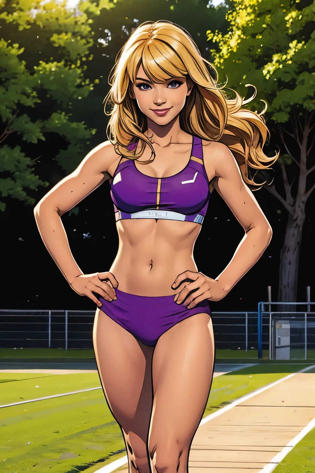 Masterpiece, best quality, 1girl, solo, teen, quarter Japanese, blonde hair, long hair, purple eyes, side parted bangs, short bangs, smile, medium breasts, sports bra, buruma, outdoors, track and field, smug