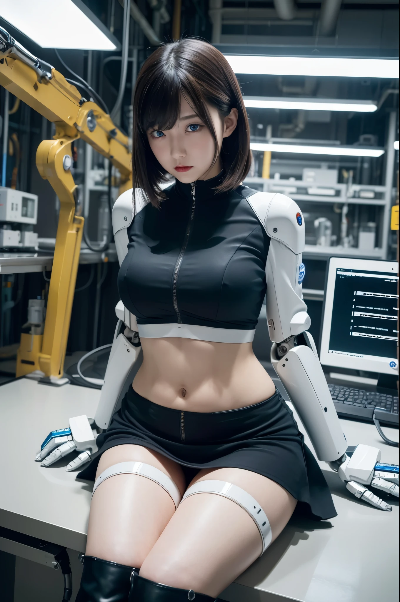 masterpiece, best quality, extremely detailed, Japaese android Girl,Plump,control panels,Mechanical Hand, Robot arms and legs,Mechanical body,Blunt bangs,perfect mechanical abdomen,future laboratory,charging spot,She is sitting the charging spot,laboratory,long tube,thick cable connected her neck, white robot body,The removable cover is in the groin,The connection port is in the groin,assembly plant,miniskirt,leather boots,(blue eyes:1.5)