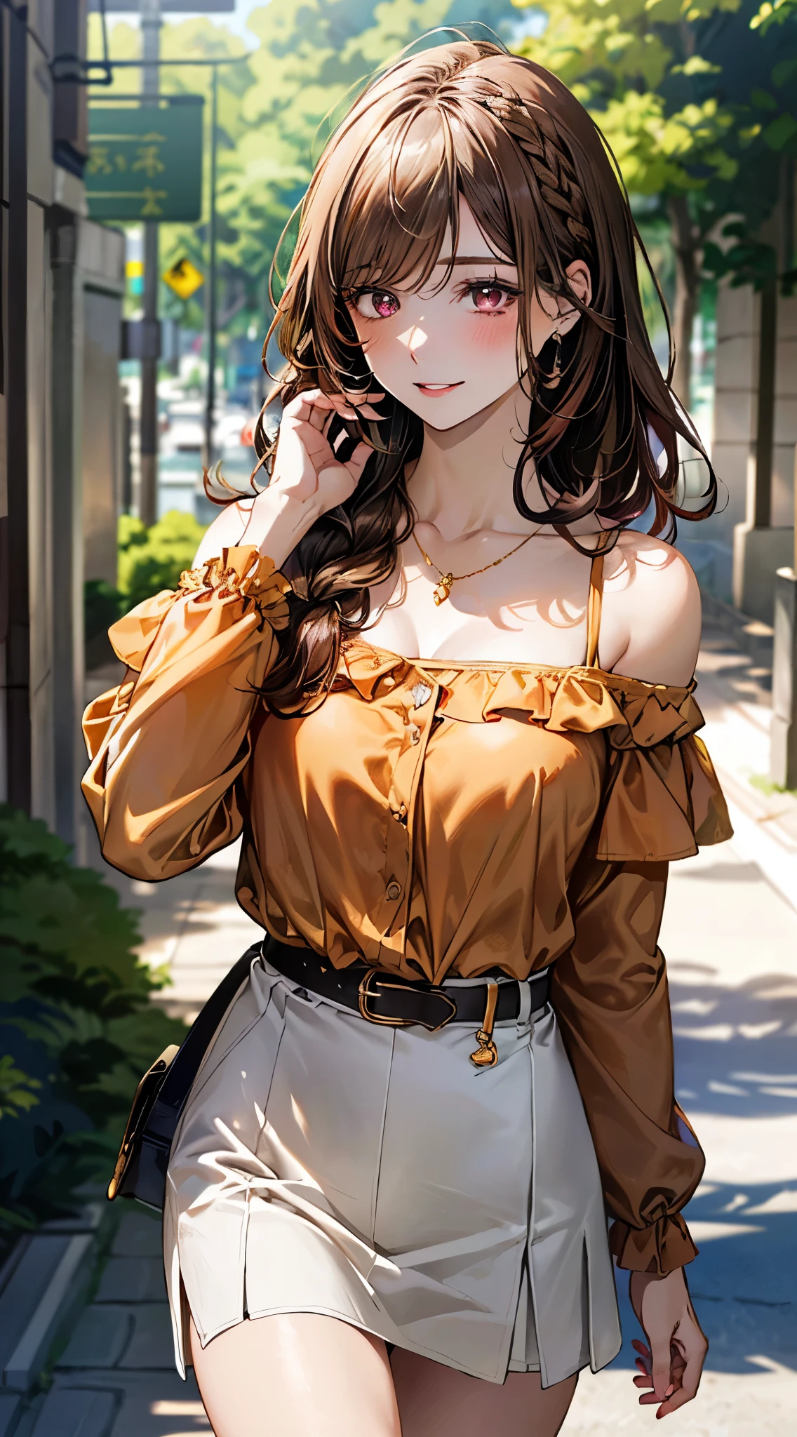 (masterpiece:1.3, top-quality), ultra high res, ultra detailed, (realistic, photorealistic:1.4), beautiful illustration, perfect lighting, colorful, depth of fields,
looking away, 1 girl, solo, japanese, hight school girl, gyaru, (large breasts:0.8, large ass, seductive thighs, skindentation),
(middle hair:1.2, straight hair:1.2), light brown hair, bangs, braided bangs, gold eyes, drooping eyes, parted lips, shiny skin,
beautiful hair, beautiful face, extremely detailed face, beautiful detailed eyes, beautiful clavicle, beautiful body, beautiful chest, beautiful thigh, beautiful legs, beautiful fingers,
(beautiful scenery), daytime, outdoors,
(detailed cloth texture, (long sleeve ruffled off-shoulder orange shirt), high waist white tight skirt skirt, belt), red hair ribbon, garnet necklace,
(walking, (hand in own hair)), (seductive-smile),