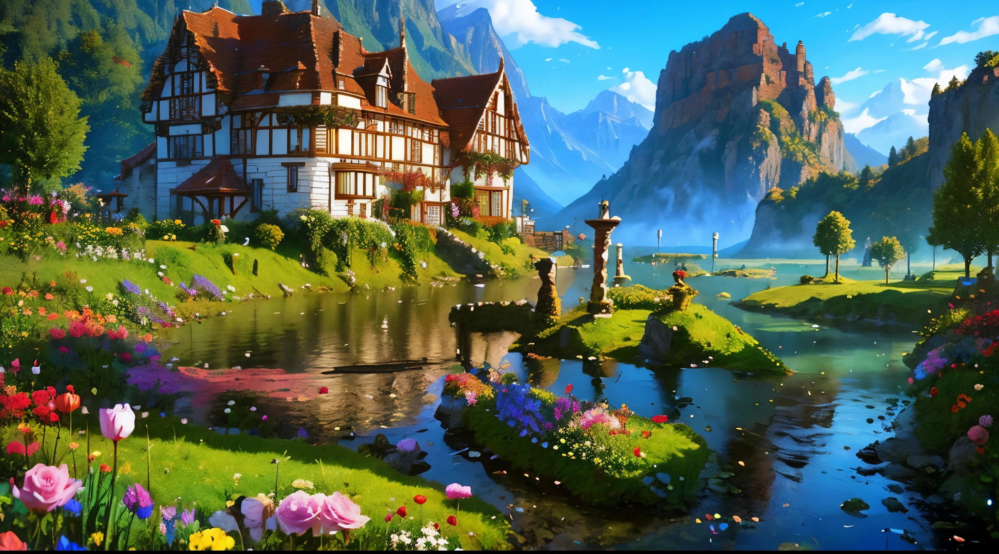 pixel game，Scene design，fantasy scene，Rose Manor in Ancient Europe， pixel art #pixel art