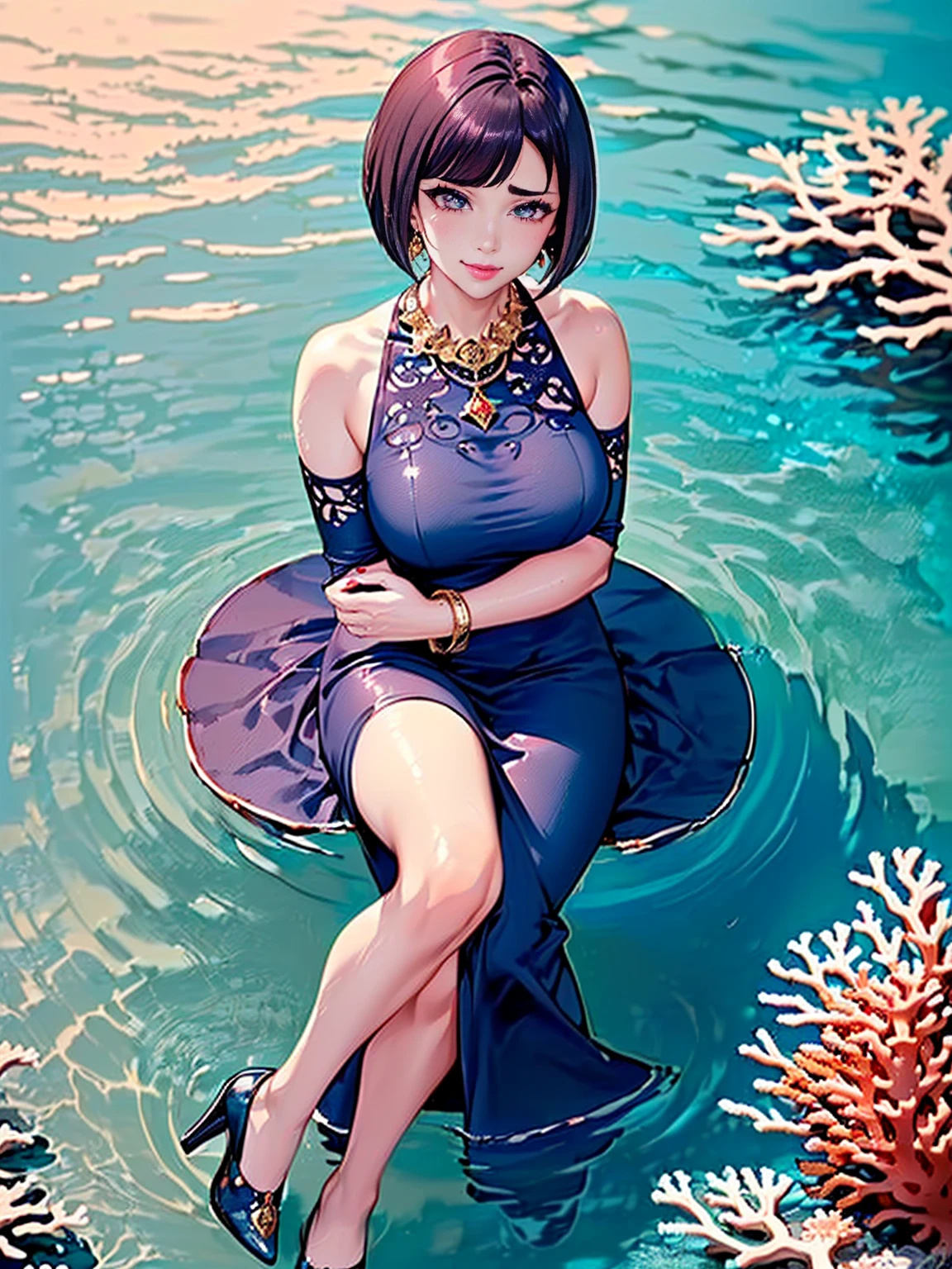 ((shiny eyes, 1girl, milf, sexy pose, ((Itsuki Shima, mature female, (cowboy shot:1.2), short hair, brown hair, bob cut, brown eyes, looking at viewer, perfect body, perfect eyes, anime eyes, perfect face, (blush, smirking:1.1), sharp focus, professional artwork, intricate details)), ((solo, (1woman, pink lipstick), Extremely detailed, ambient soft lighting, 4k, perfect eyes, a perfect face, perfect lighting, a 1girl)), austere, ((sitting on a throne, (( elegant high heels, high heels, underwater, submerged in the ocean, deep sea, sea creatures, aqua)), sitting on her throne under; water, sea queen, mu yanling, Krenz Cushart and Artgerm, ((fish, coral)), shark, turtle, algae)), ((long dress, elegant dress , formal dress, dark blue dress, bracelets, ruby earrings, gold necklace, diamond, sovereign))