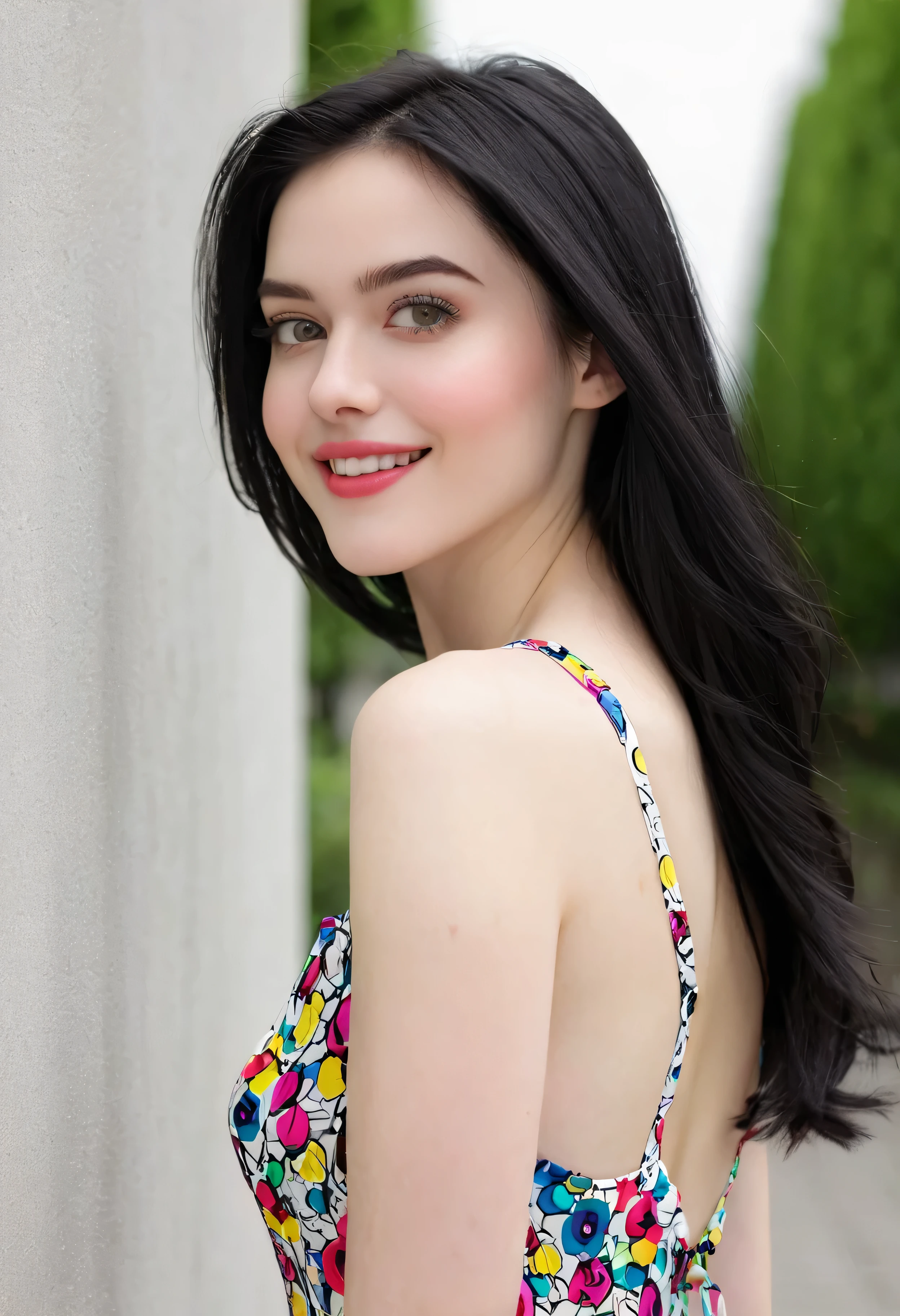 woman, beautiful face, perfection face,  Full black hair, pale white skin, small smile, sexy, perfection, Face zoom in, Take the photo close to your face against a completely white background wall, highest quality, detailed, Canon EOS 80D Photo, Tall face, indoor, 

((Upper body))woman wearing a colorful mad-circle tight dress walking through park, dynamic pose  , (masterpiece:1.2), highest quality, (非常にdetailedな, 最もdetailedな:1.2), high resolution textures