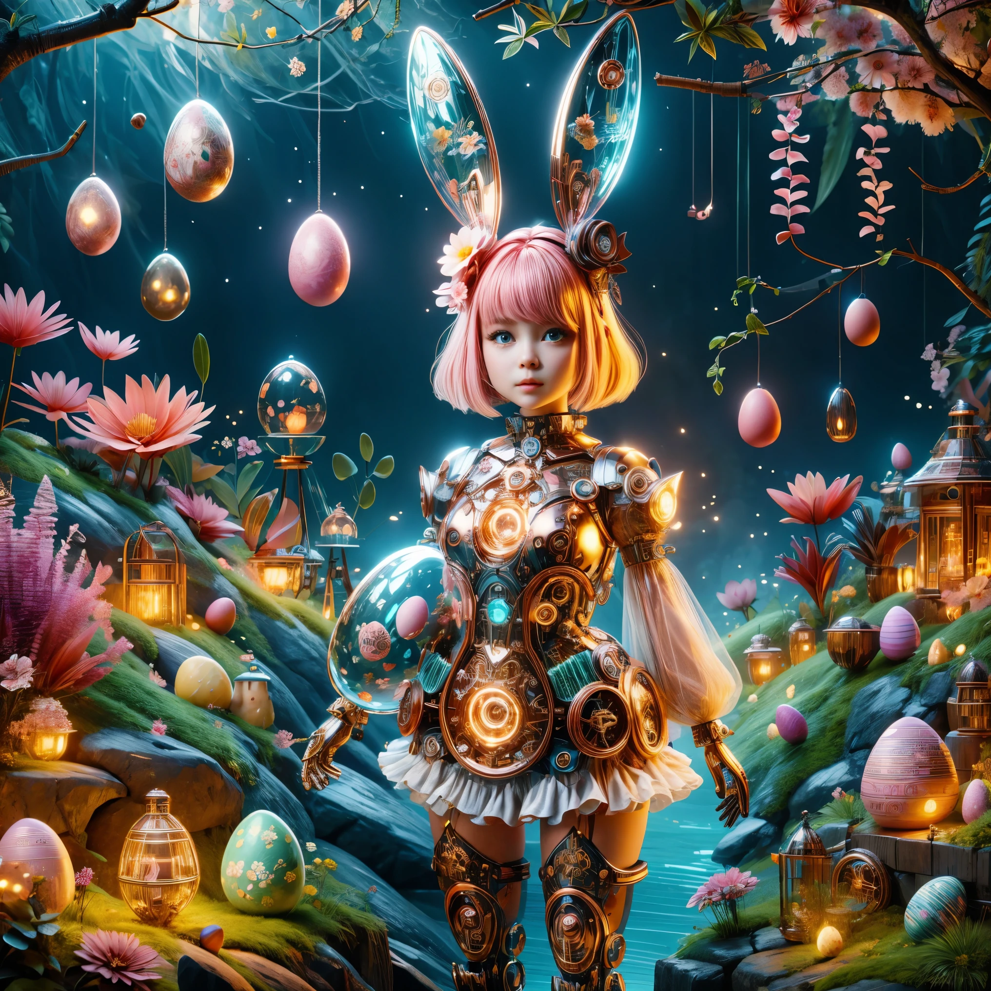 1 cute girl,Its body is made of fine metal parts。Eyes are like two shining gems,Transparent glow,Under the illumination of neon lights,Create a sparkling effect together with high-precision mechanical components。Surrounded by exotic plants and Easter eggs,Create a mysterious and fantasy atmosphere。The scene combines traditional themes with futuristic steampunk style,Showcasing Girl's complex mechanical design and magical garden environment。