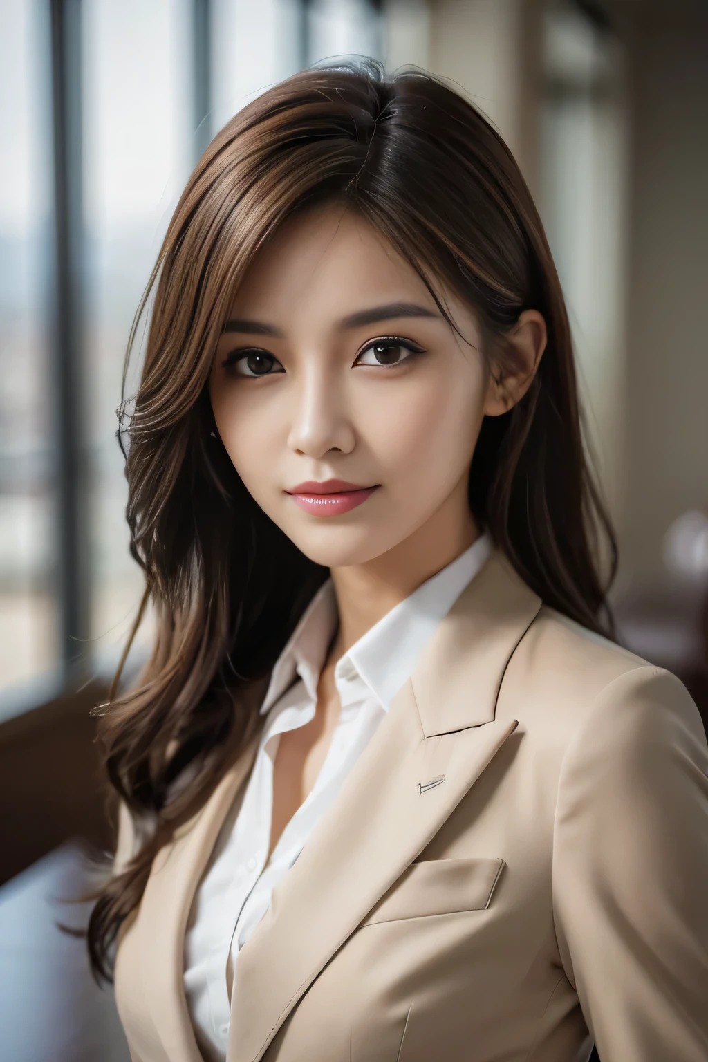 table top, highest quality, realistic, Super detailed, finely, High resolution, 8k wallpaper, 1 beautiful woman,, light brown messy hair, wearing a business suit, sharp focus, perfect dynamic composition, beautiful and detailed eyes, thin hair, Detailed realistic skin texture, smile, close-up portrait, model body shape
