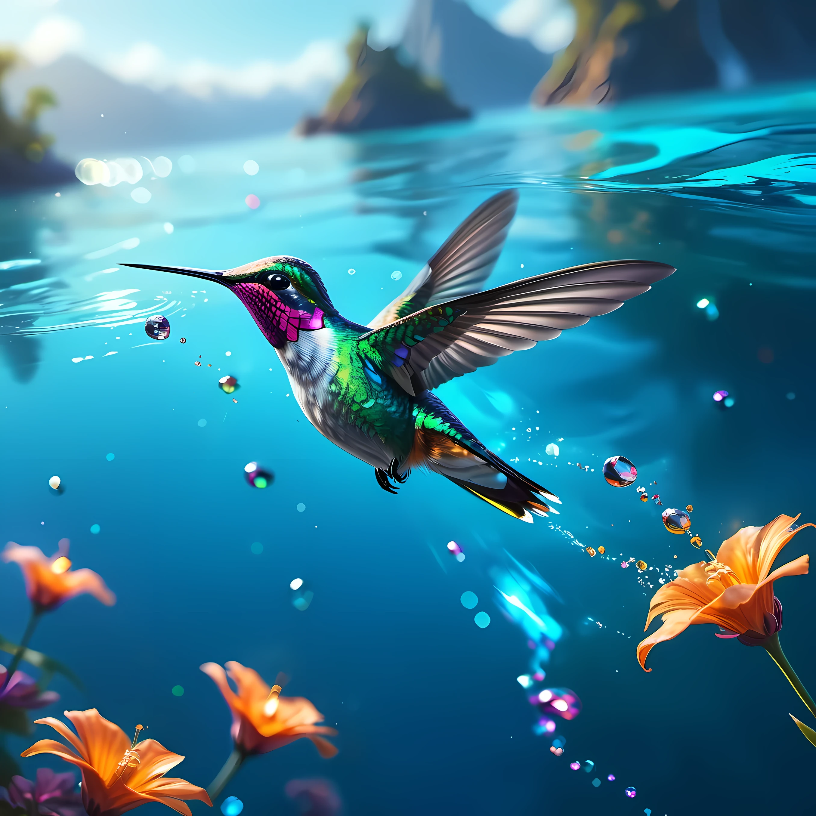 4K 超详细数字艺术作品捕捉了hummingbird在宁静的蓝色水面上迷人的飞行, reminiscent of mike winkelmann (Mike Winkelmann) lifelike paintings created (hummingbird) Similar to the vividness of award-winning nature photography. The scene depicts the bird gliding gracefully over the water, Its entire body glows with iridescence, especially its eyes, sparkle like two radiant gems. This epic concept art showcases dynamic bokeh effects, Highlight the mastery of digital painting technology, Similar to Shutterstock Contest Approved Masterpieces.