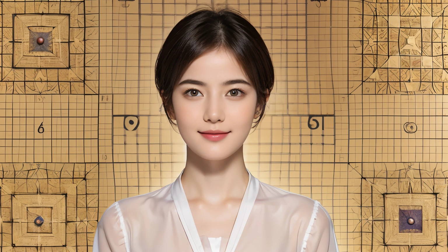 176 short hair, 20 year old woman, gentle smile, (The background is a magic square,fractal art:1.46)