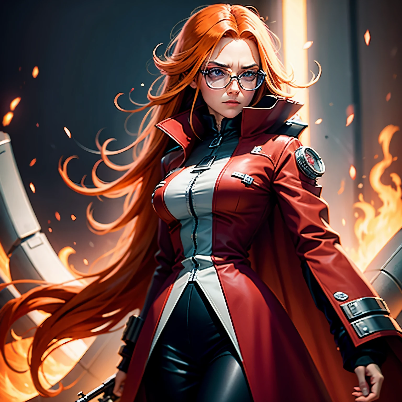 Arrogant cyborg mad scientist woman with large heavy dark circles under her eyes, wearing glasses, wearing a striking red scientist coat, long orange hair cascading down her back, and magical cybernetic limbs.