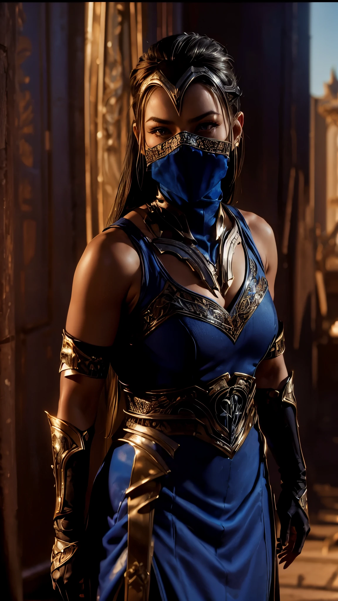 arafed woman in a blue dress and a blue mask, kitana from mortal kombat, character from mortal kombat, mortal kombat 11, in mortal kombat, cinematic goddess body shot, cinematic goddess shot, full body close-up shot, photogenic details on armor, unreal engine 5 4 k uhd image, wearing witchblade armor, portrait ninja gaiden girl