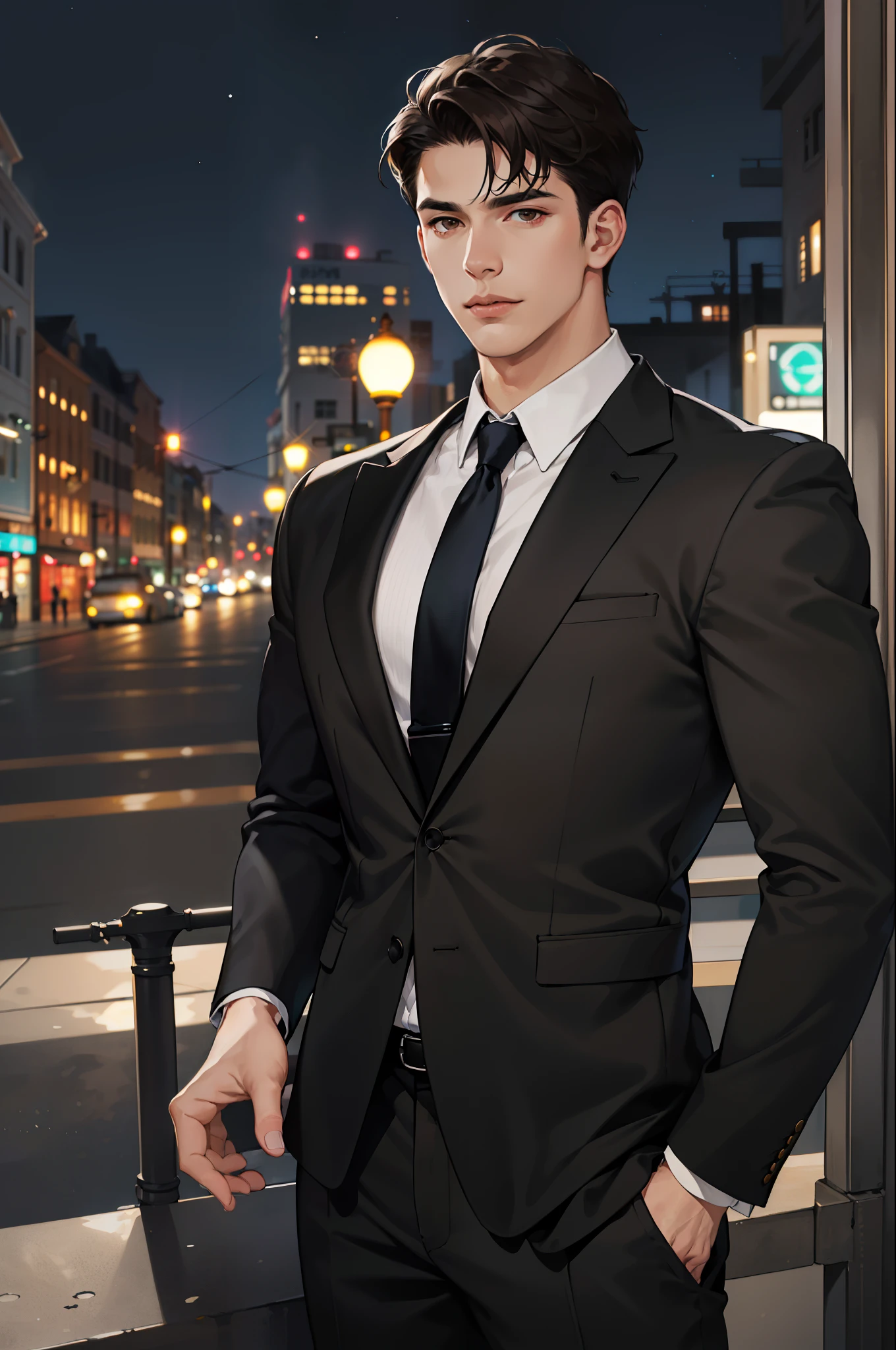 (absurdres, highres, ultra detailed, realistic, ), 1 male, solo, adult, mature, tall muscular guy, broad shoulders, handsome, very short hair, black hair, brown eyes, angular jaw, thick neck, thick eyebrows, night, dark, the night view of the city background, formal suit, necktie, upper body