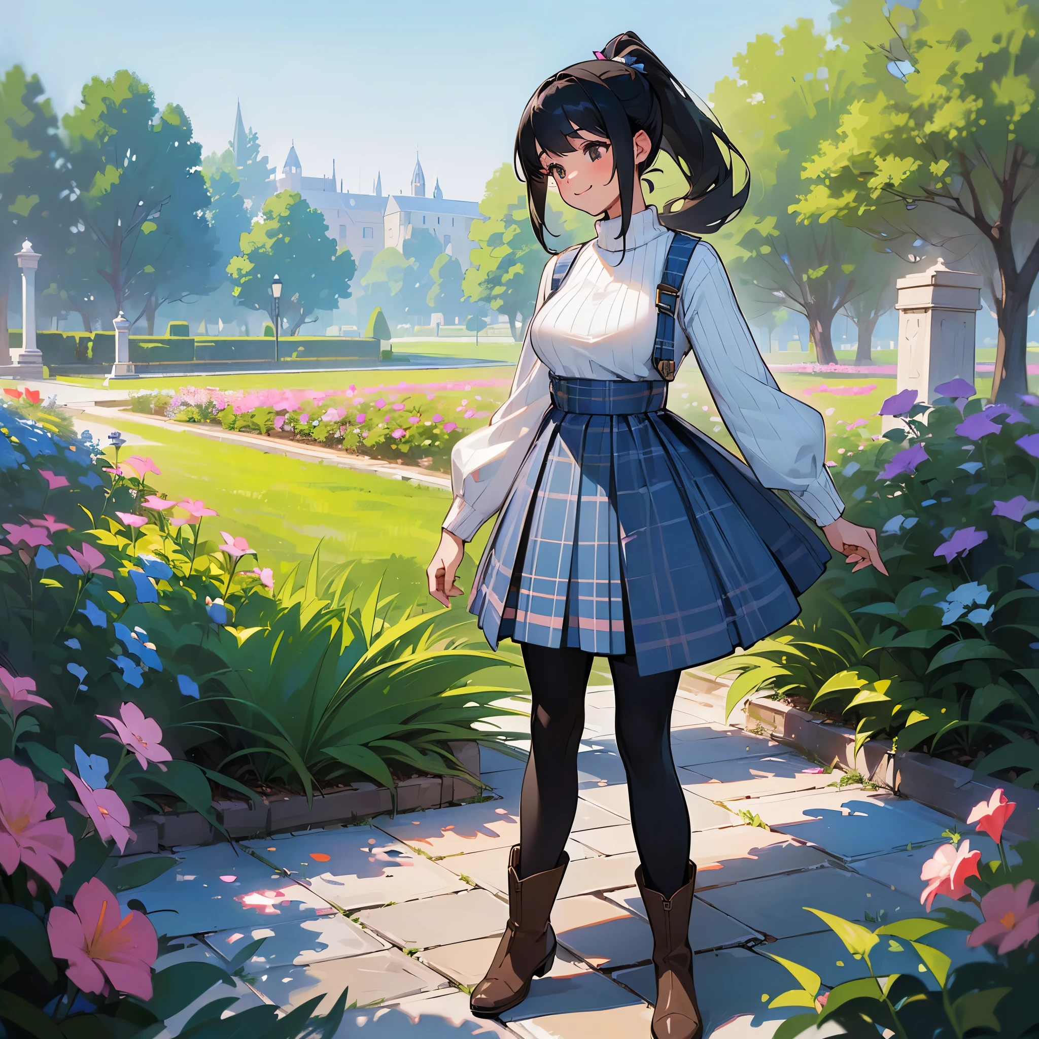 (high quality, High resolution, Super detailed, reality:1.37), peaceful atmosphere, (outdoors, garden), age girl standing alone, (my breasts are big.), Beautiful detail features, cute smile, (black hair ponytail), ribbed sweater, blue plaid skirt, black tights, brown boots.