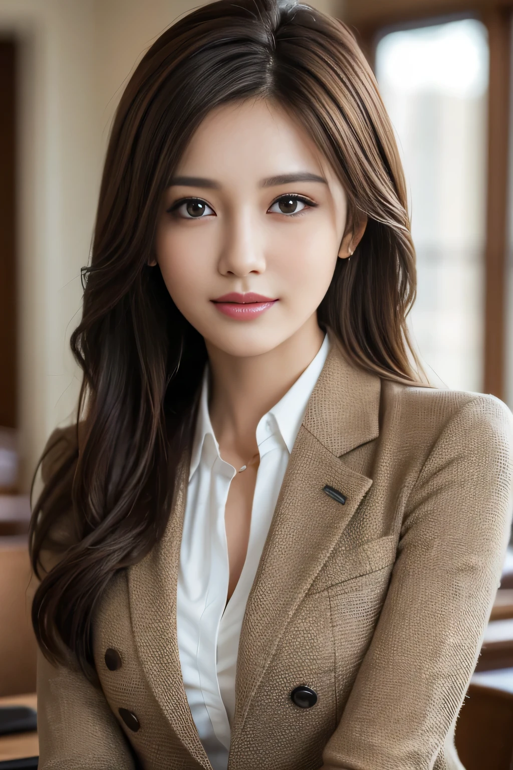 table top, highest quality, realistic, Super detailed, finely, High resolution, 8k wallpaper, 1 beautiful woman,, light brown messy hair, wearing a business suit, sharp focus, perfect dynamic composition, beautiful and detailed eyes, thin hair, Detailed realistic skin texture, smile, close-up portrait, model body shape
