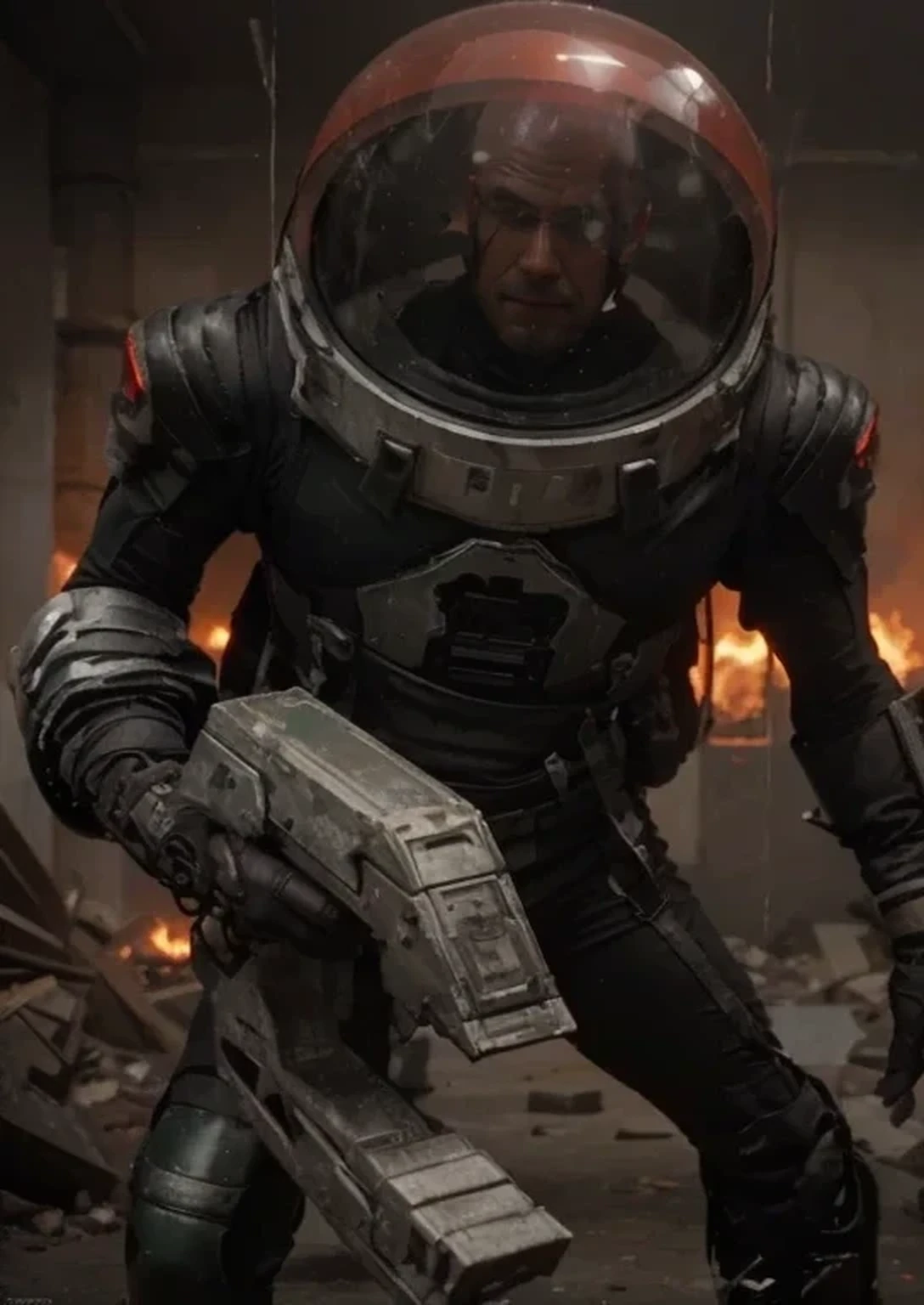 male soldier, ultra modern cybernetic full body heavy the suit has small red lights, black with red details, helmet in the shape of a green glass dome, inside the dome you can see a bald man sinister face, metal shoulder pads, metal wrist guards , he only has one hand, one with leather gloves the other is a mechanical claw, black military pants with red details, he is in a totally post-apocalyptic city destroyed, a lot of fire, large green mineral crystals on the ground, sunny day, top view, 4k, ultra detailed image, realistic, very detailed, perfect composition, splendid, intricately detailed, incredibly detailed, art photography 8k, hyper detailed, Masterpiece, ultra detailed, hyper realistic, 4k, ultra detailed image, realistic , highly detailed, perfect composition, splendid, intricately detailed, incredibly detailed, Artistic photography in 8k, hyper detailed
