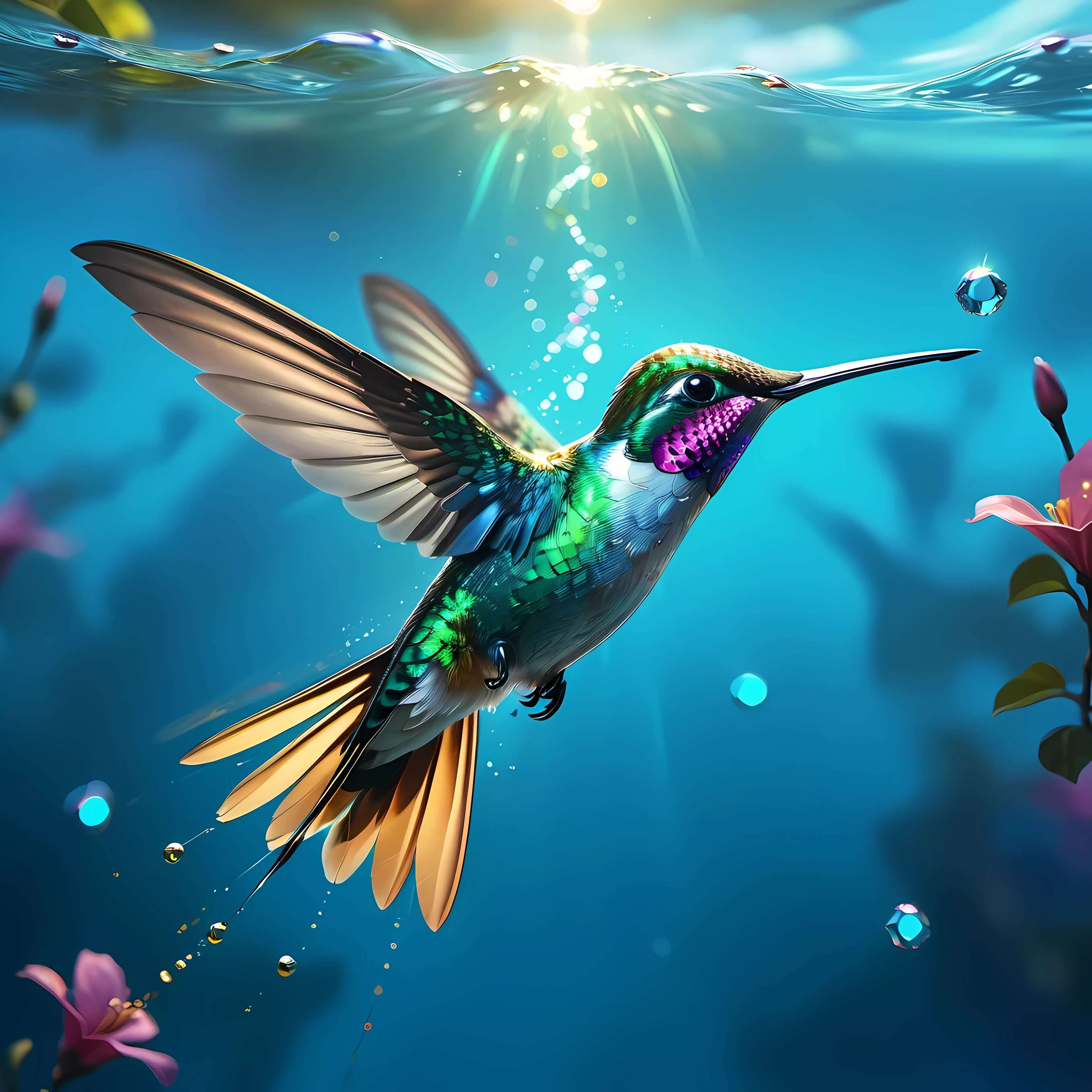 4K 超详细数字艺术作品捕捉了hummingbird在宁静的蓝色水面上迷人的飞行, reminiscent of mike winkelmann (Mike Winkelmann) lifelike paintings created (hummingbird) Similar to the vividness of award-winning nature photography. The scene depicts the bird gliding gracefully over the water, Its entire body glows with iridescence, especially its eyes, sparkle like two radiant gems. This epic concept art showcases dynamic bokeh effects, Highlight the mastery of digital painting technology, Similar to Shutterstock Contest Approved Masterpieces.

