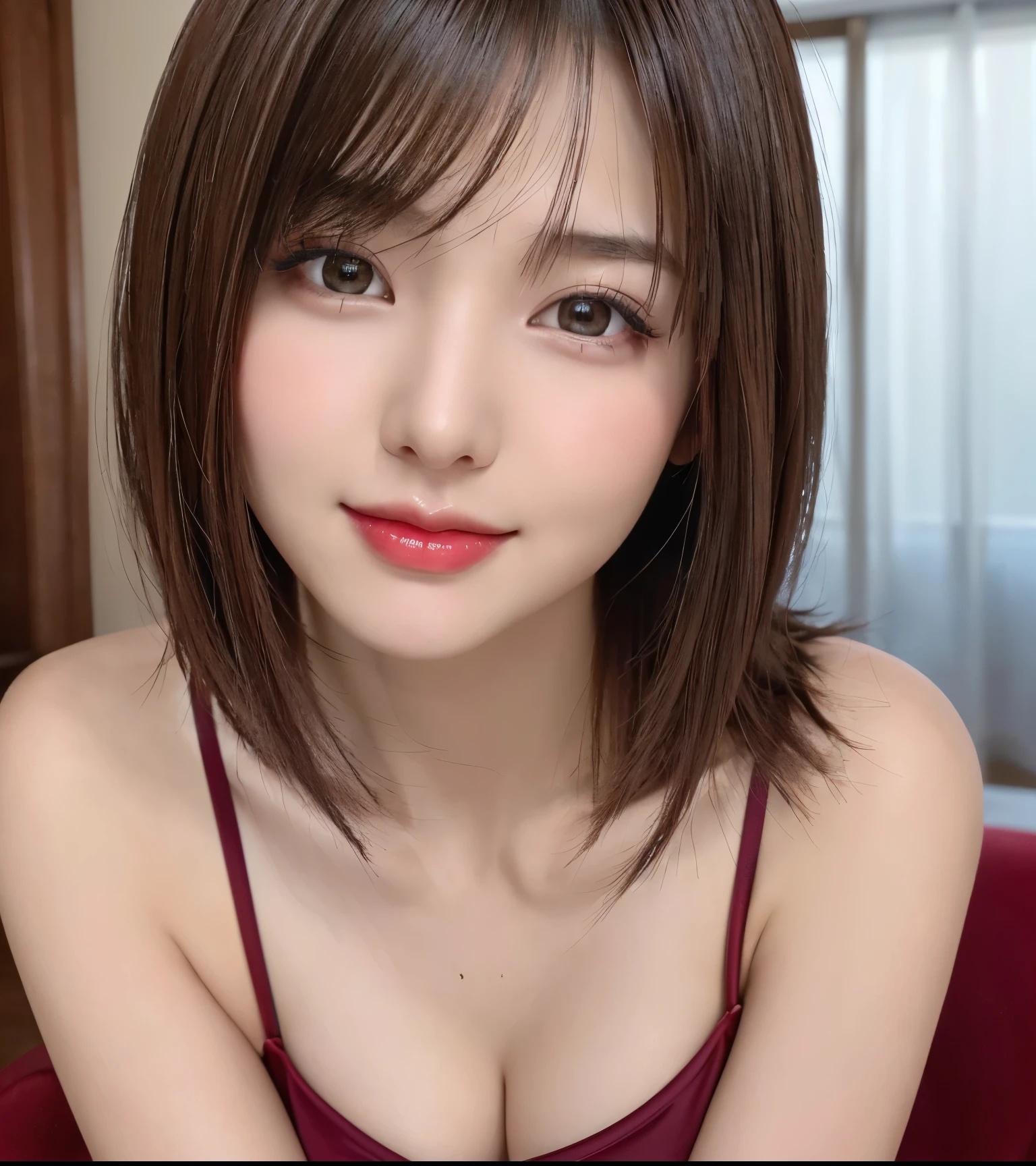 ((Photo from thighs up:1.5))、(highest quality、table top、8k、best image quality、Award-winning work)、(one young girl, :1.3)、(サイズのLarge tank topだけ着ている:1.4)、(Large tank top:1.4))、(red eyeshadow:1.2)、perfect makeup、long eyelashes、Super high-definition sparkling eyes、ultra high definition hair、ultra high resolution glossy lips、Super high resolution perfect teeth、Super high resolution cute face、brown hair、(very short straight hair:1.1)、look at me and smile、[clavicle]、accurate anatomy、(close up of face:1.5)、Luxury love hotel、(The most moody warm lighting:1.2)、blurred background、With bangs、Super high-resolution glossy and moisturized face、Super high-resolution glowing skin、most detailed face、Ultra high resolution detailed faces、ultra high resolution hair、Super high resolution sparkling eyes、Beautiful face drawn in every detail、Super high resolution glossy red lips