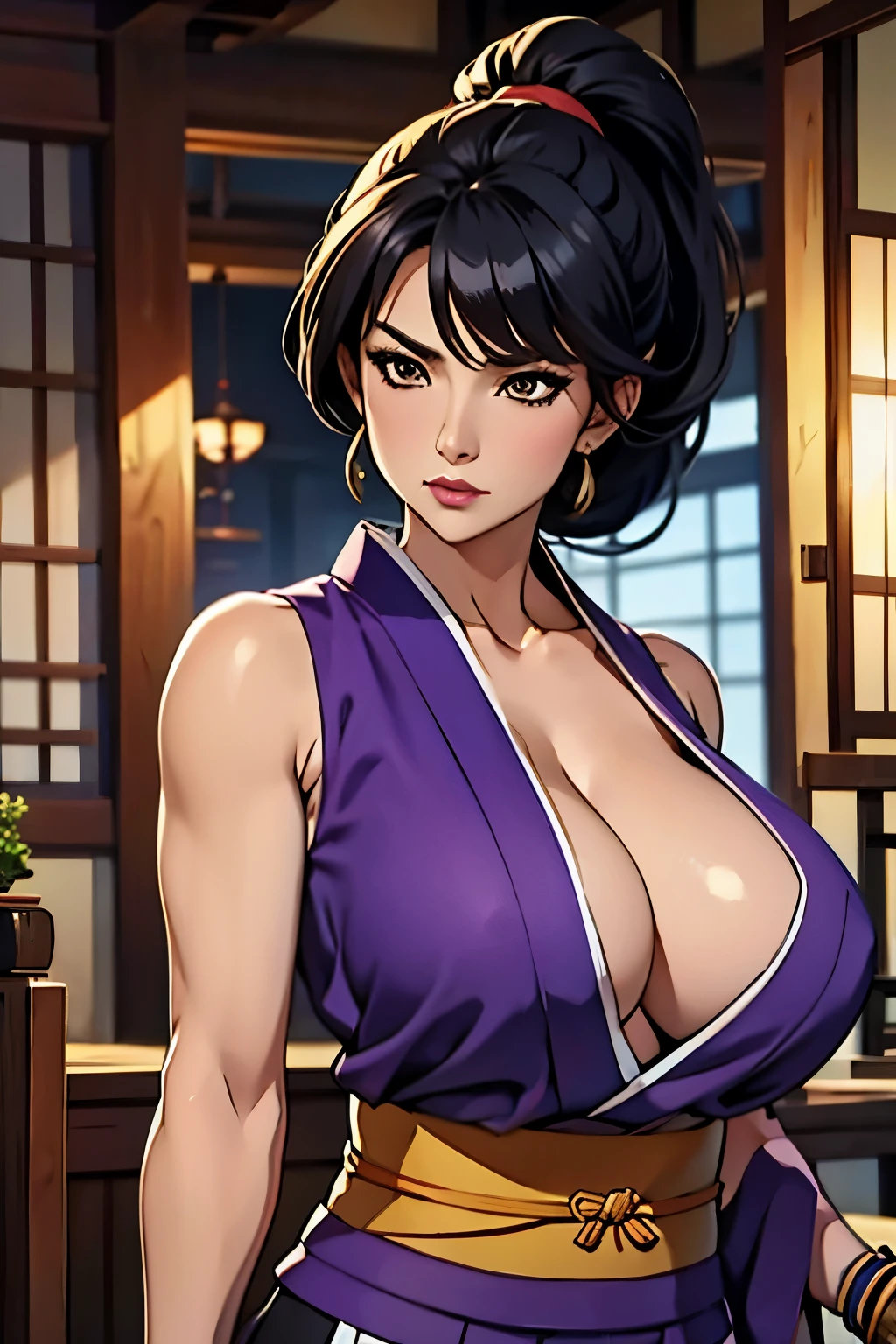 SumieV1,masterpiece,best quality, highres,absurdres, intricate details,highly detailed skin, solo, mature female, black hair, ponytail, bangs, sidelocks, large breasts, brown eyes, purple top, japanese clothes, cleavage, ninja, sleeveless, sandals, sash, wristband, dojo, sunrise, dynamic pose,  intense expression,upper body,