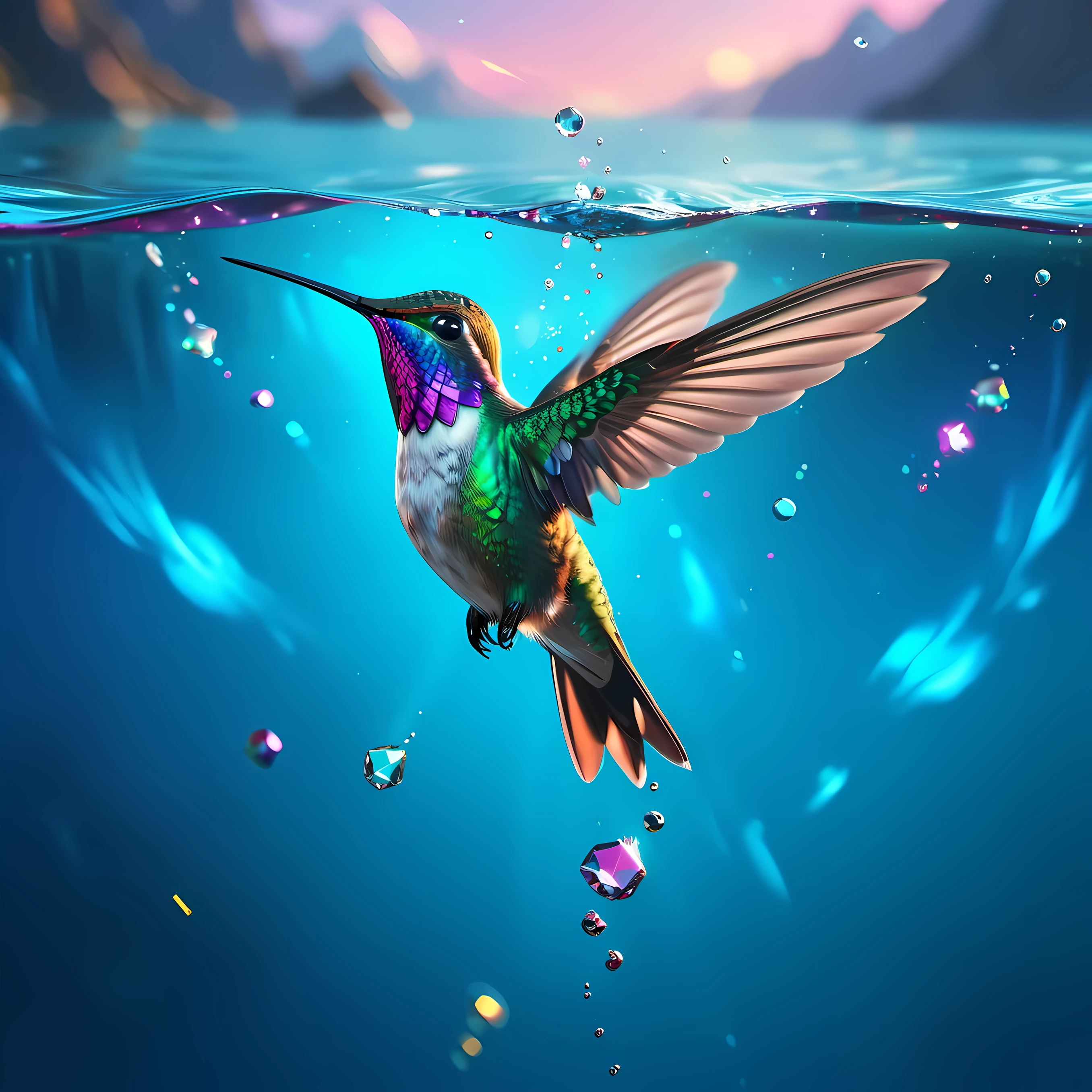 4K 超详细数字艺术作品捕捉了hummingbird在宁静的蓝色水面上迷人的飞行, reminiscent of mike winkelmann (Mike Winkelmann) lifelike paintings created (hummingbird) Similar to the vividness of award-winning nature photography. The scene depicts the bird gliding gracefully over the water, Its entire body glows with iridescence, especially its eyes, sparkle like two radiant gems. This epic concept art showcases dynamic bokeh effects, Highlight the mastery of digital painting technology, Similar to Shutterstock Contest Approved Masterpieces.