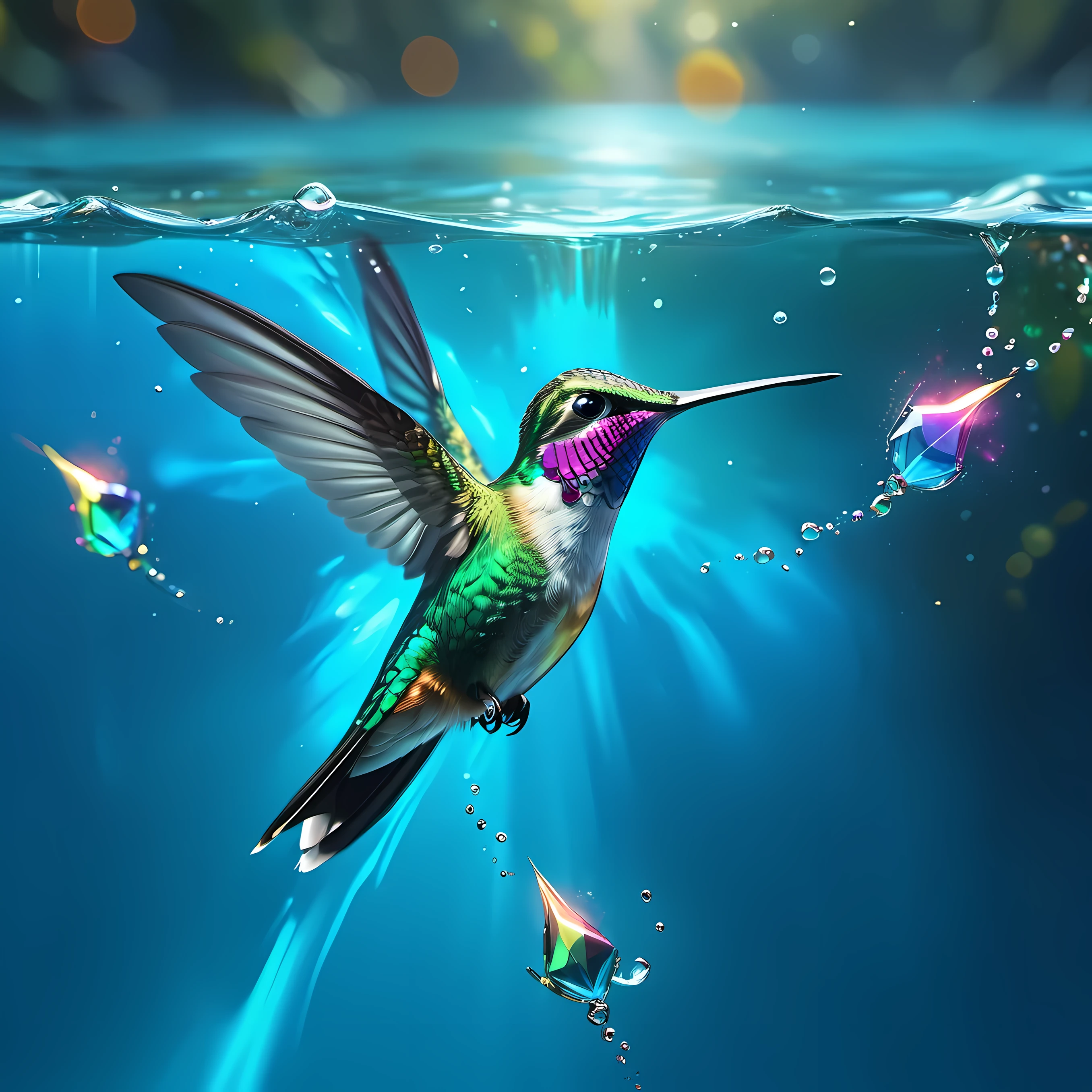 4K 超详细数字艺术作品捕捉了hummingbird在宁静的蓝色水面上迷人的飞行, reminiscent of mike winkelmann (Mike Winkelmann) lifelike paintings created (hummingbird) Similar to the vividness of award-winning nature photography. The scene depicts the bird gliding gracefully over the water, Its entire body glows with iridescence, especially its eyes, sparkle like two radiant gems. This epic concept art showcases dynamic bokeh effects, Highlight the mastery of digital painting technology, Similar to Shutterstock Contest Approved Masterpieces.

