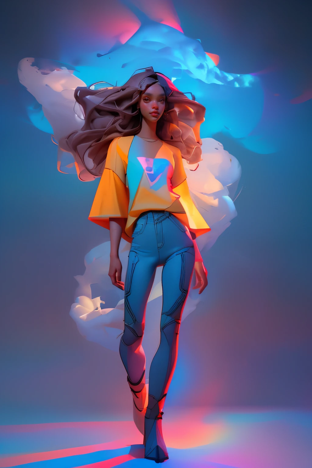 Adult female character, (beautiful intricate long triadic dark color hair:1.3), (creative mix of white, yellow, and blue casual outfit:1.2), (jean and t-shirt:1.3), hand gestures:1.4, tall and athlete body shapes:1.5, (colorful smoke clouds:1.2), relaxing vibe, smiling face, beautiful leg:1.3, luminism:1.2, (three dimensional effect:1.4), 3d render:1.1, octane render:1.1, (a mix of bold dark lines and loose lines:1.3), Isometric style:1.