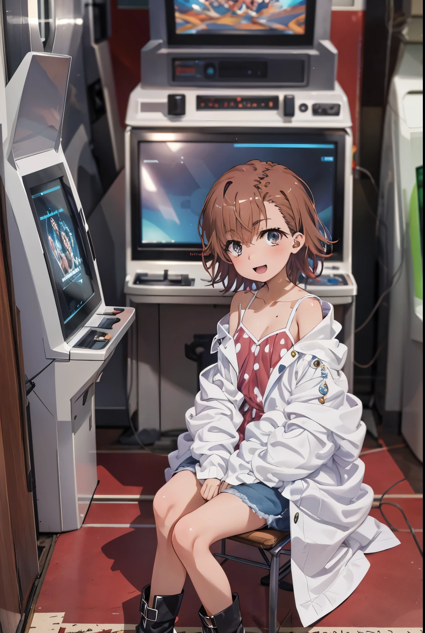 8k,highest quality,masterpiece,(((pixel perfect, Perfect in every detail))), alone, 1 girl, mikoto rose, brown eyes,brown hair,short hair,looking at the viewer,off shoulder dress,short denim,short boots, open mouth,smile,sitting Chair, game_center, scenery, arcade cabinet, Chair, poster (object), indoor ,s4g4m1,(masterpiece:1.2), highest quality, High resolution, unity 8k wallpaper, (shape:0.8), (beautiful and detailed eyes:1.6), highly detailed face, perfect lighting, Very detailed CG, (perfect hands, perfect anatomy),