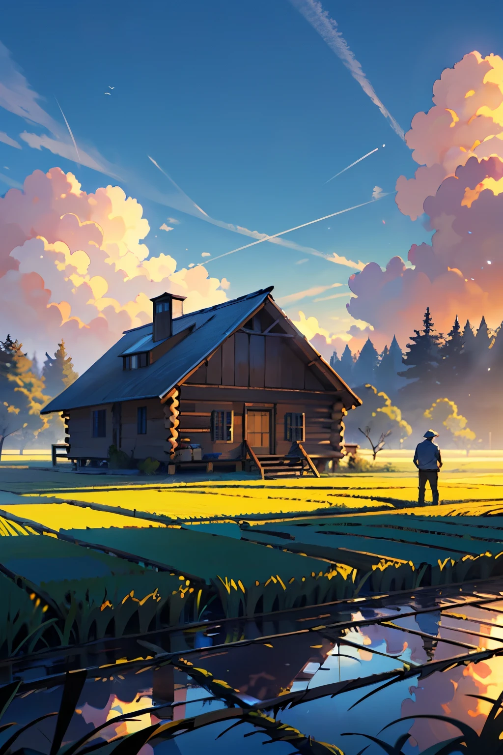 MAN IN RICE FIELD, LOG HOUSE, FARMLAND, BLUE SKY, WHITE CLOUD, GOLDEN HOUR, 8K, 4K