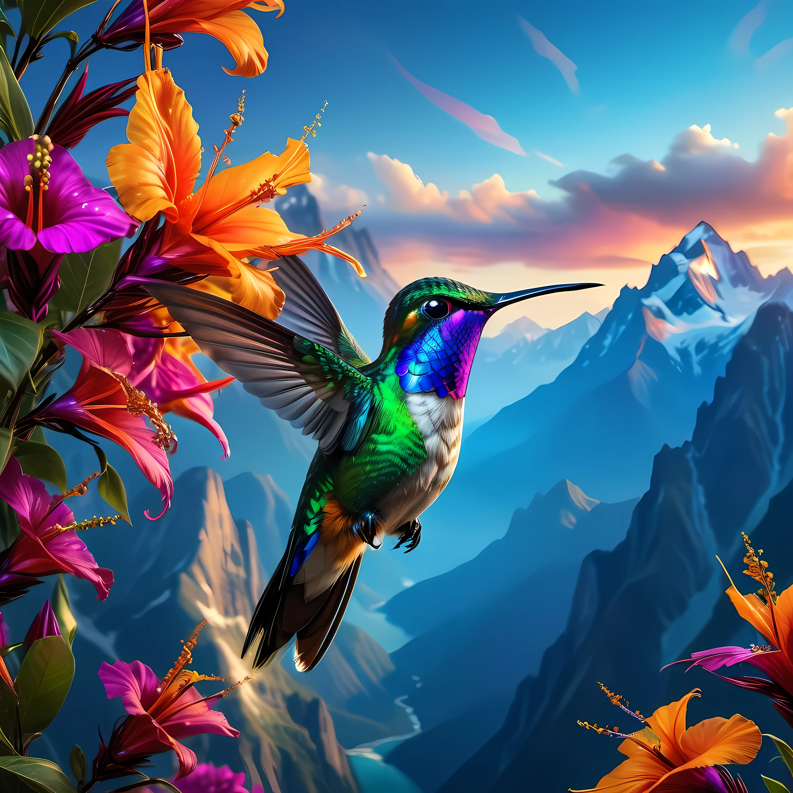 As a colorful hummingbird soars over a majestic mountain，Stunning scenes unfold, Reminiscent of the mythical bird of paradise. Its feathers radiate with vitality, Embodying the essence of Chromatic Radiance’s digital fantasy art style. This artwork, Presented in vivid colors and 4K Ultra HD, Draw inspiration from the airbrushing techniques of Frederick Church, Create mesmerizing and vibrant displays of true color. The scene captures the elusive and mysterious beauty of hummingbirds against a backdrop of towering mountains, Evoke a sense of wonder and awe