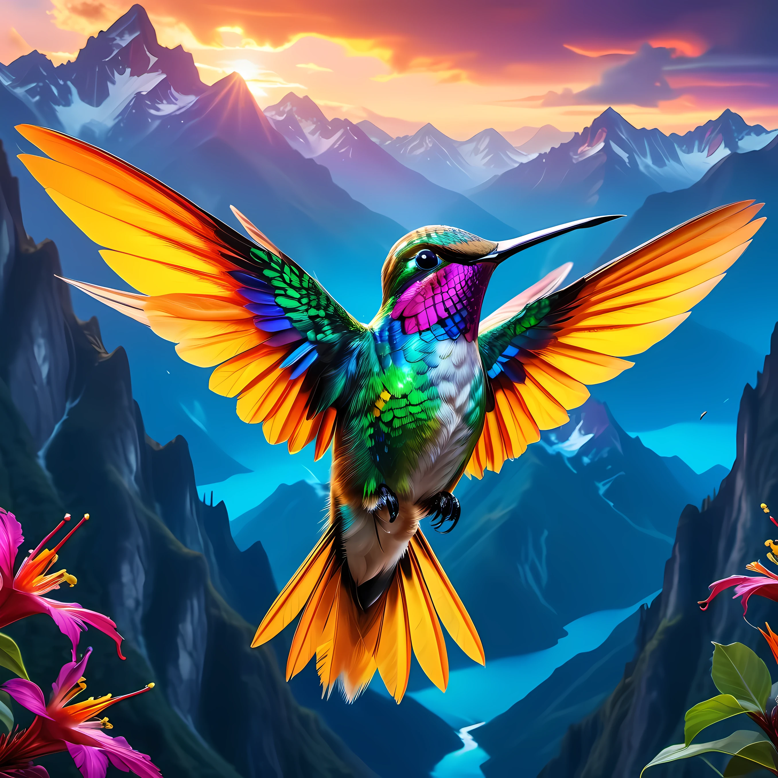 As a colorful hummingbird soars over a majestic mountain,Stunning scenes unfold, Reminiscent of the mythical bird of paradise. Its feathers radiate with vitality, Embodying the essence of Chromatic Radiance’s digital fantasy art style. This artwork, Presented in vivid colors and 4K Ultra HD, Draw inspiration from the airbrushing techniques of Frederick Church, Create mesmerizing and vibrant displays of true color. The scene captures the elusive and mysterious beauty of hummingbirds against a backdrop of towering mountains, Evoke a sense of wonder and awe