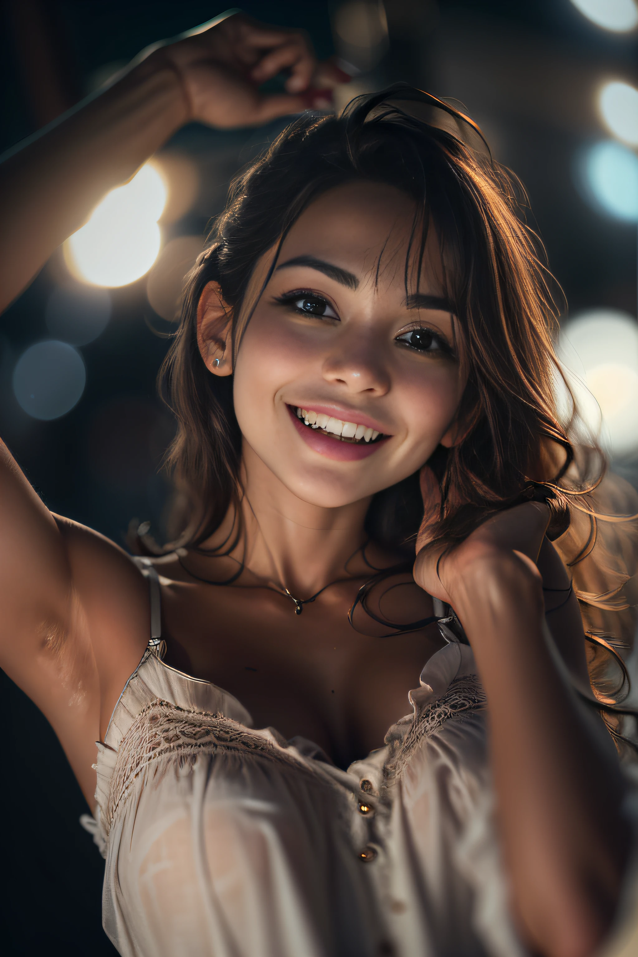 1girl, idol, model, depth of field, photo, film, face, skinny, smile, collarbone, teeth, movie, camisole, selfie, night,