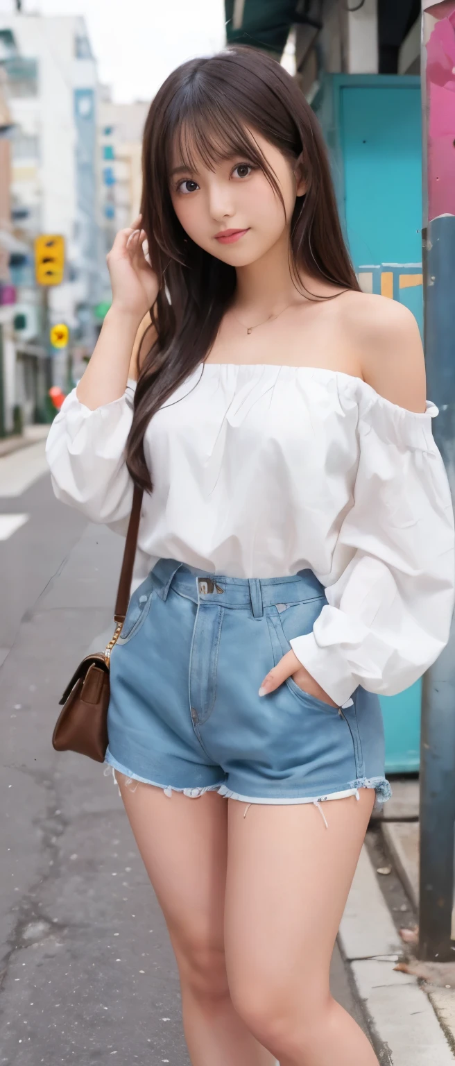 cute girl idol、whole body、good style、、、colorful shorts、thick legs、off shoulder、I'm a little tanned