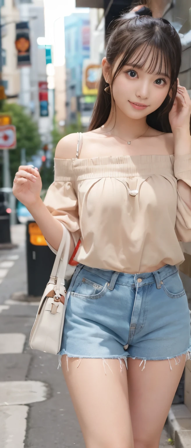 cute girl idol、whole body、good style、、、colorful shorts、thick legs、off shoulder、I'm a little tanned