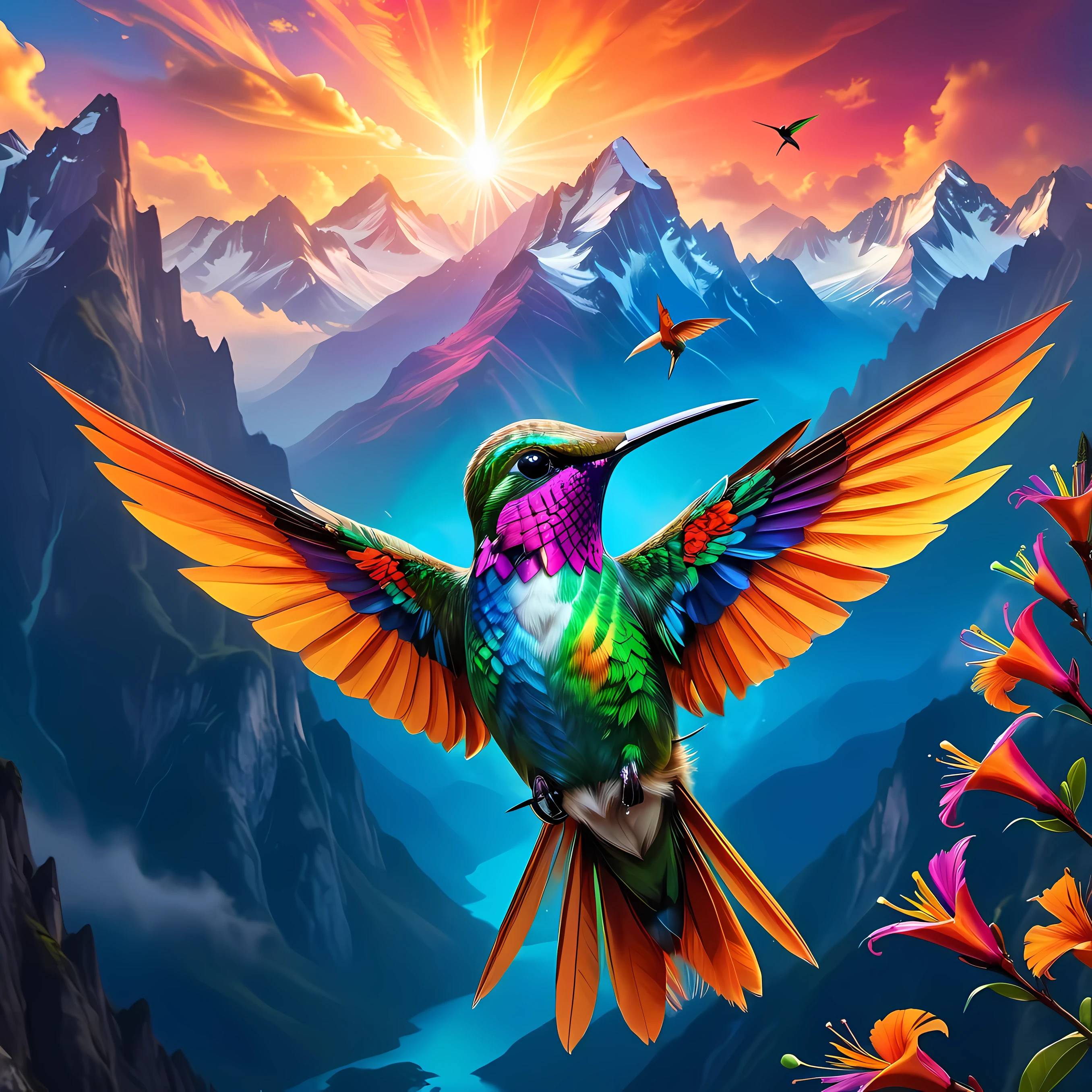 As a colorful hummingbird soars over a majestic mountain,Stunning scenes unfold, Reminiscent of the mythical bird of paradise. Its feathers radiate with vitality, Embodying the essence of Chromatic Radiance’s digital fantasy art style. This artwork, Presented in vivid colors and 4K Ultra HD, Draw inspiration from the airbrushing techniques of Frederick Church, Create mesmerizing and vibrant displays of true color. The scene captures the elusive and mysterious beauty of hummingbirds against a backdrop of towering mountains, Evoke a sense of wonder and awe