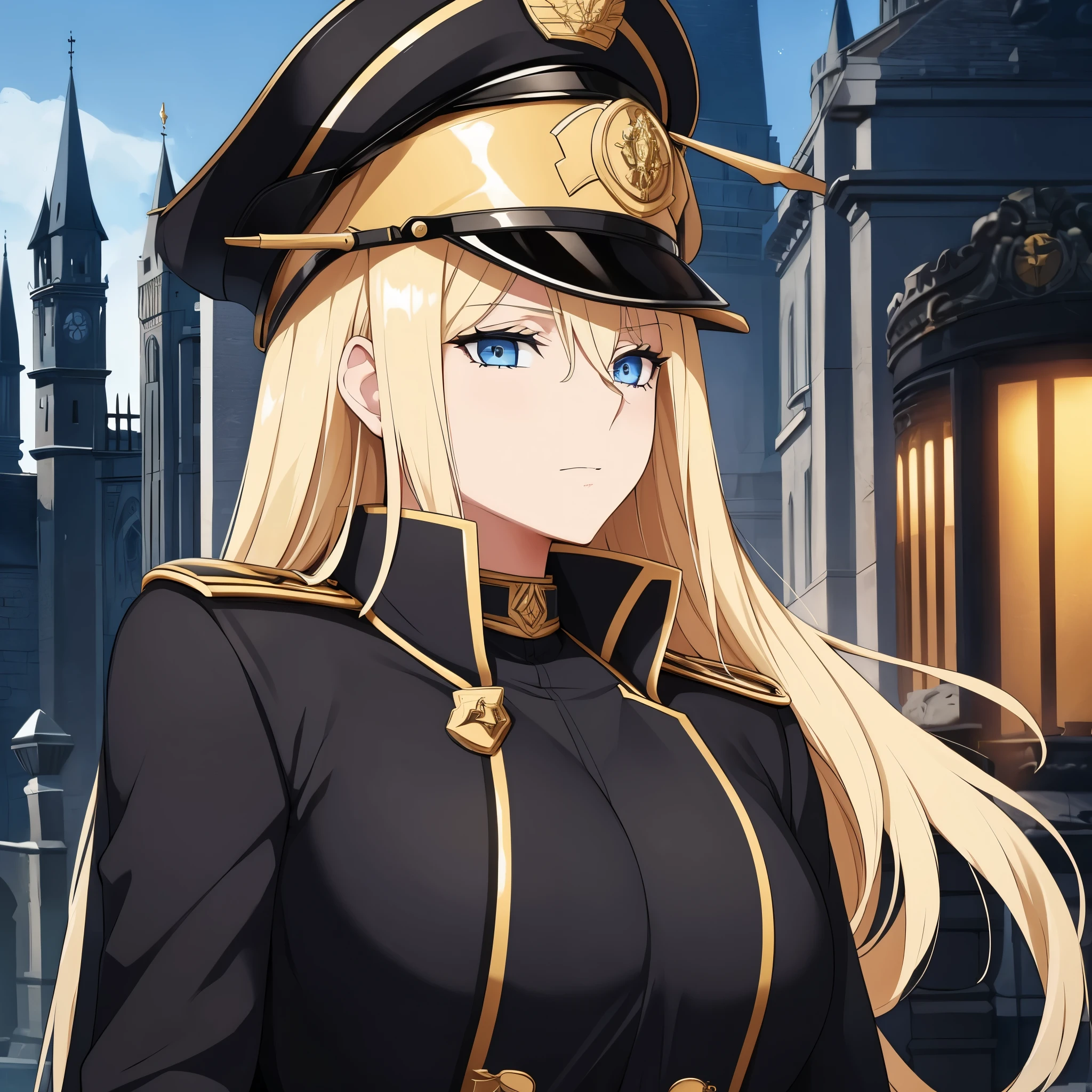 A woman with long blonde hair, blue eyes, wearing a black Prussian uniform with gold details, wearing a black military hat with gold details, a black cape, outside a large castle.
