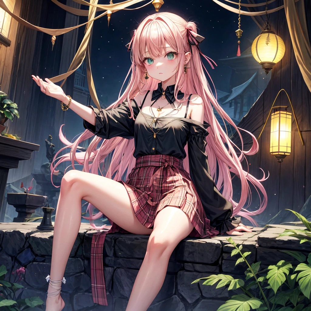 pink blonde、green eyes、one good looking girl、solo、anime、plaid mini skirt、the skirt has buttons、black camisole、black t-shirt、dress、wearing a ribbon、ribbon at waist、cloak、hood、stone slabs are piled up、raising one hand、crystal earrings、monster castle、jewelry necklace、Light and shadow、Hundreds of Ghosts at Night、lantern、sitting、legs crossed、mirror、tunnel、clock、Stuck in the wall、universe、skeletal specimen、fern plants