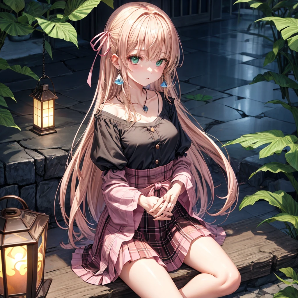 pink blonde、green eyes、one good looking girl、solo、anime、plaid mini skirt、the skirt has buttons、black camisole、black t-shirt、dress、wearing a ribbon、ribbon at waist、cloak、hood、stone slabs are piled up、raising one hand、crystal earrings、monster castle、jewelry necklace、Light and shadow、Hundreds of Ghosts at Night、lantern、sitting、legs crossed、mirror、tunnel、clock、Stuck in the wall、universe、skeletal specimen、fern plants