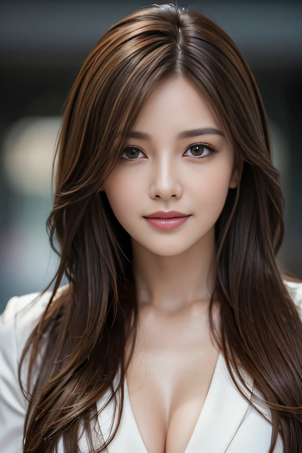 table top, highest quality, realistic, Super detailed, finely, High resolution, 8k wallpaper, 1 beautiful woman,, light brown messy hair, wearing a business suit, sharp focus, perfect dynamic composition, beautiful and detailed eyes, thin hair, Detailed realistic skin texture, smile, close-up portrait, model body shape
