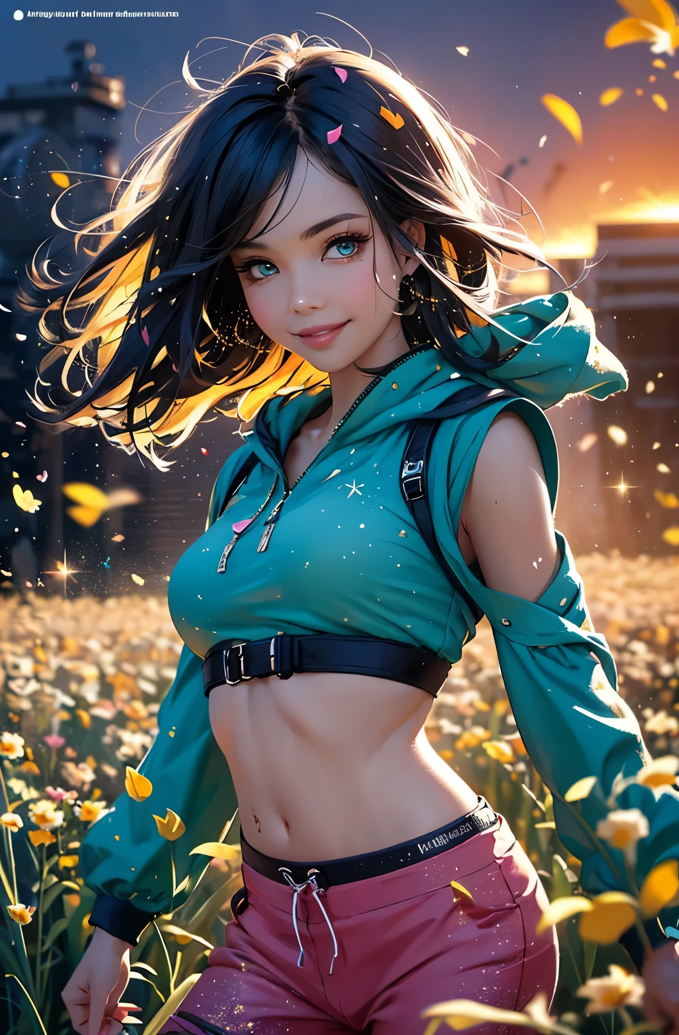 award winning digital art, half body portrait of a beautiful woman in a pink silk shirt and cargo pants with navy blue teal hairstyle with head in motion and long hair flying, big smile, sparkling eyes, sexy, in a flower field, golden sunset, particles dust, glitter, paint splashes, splatter, outrun, vaporware, shaded flat illustration, digital art, trending on artstation, highly detailed, fine detail, intricate