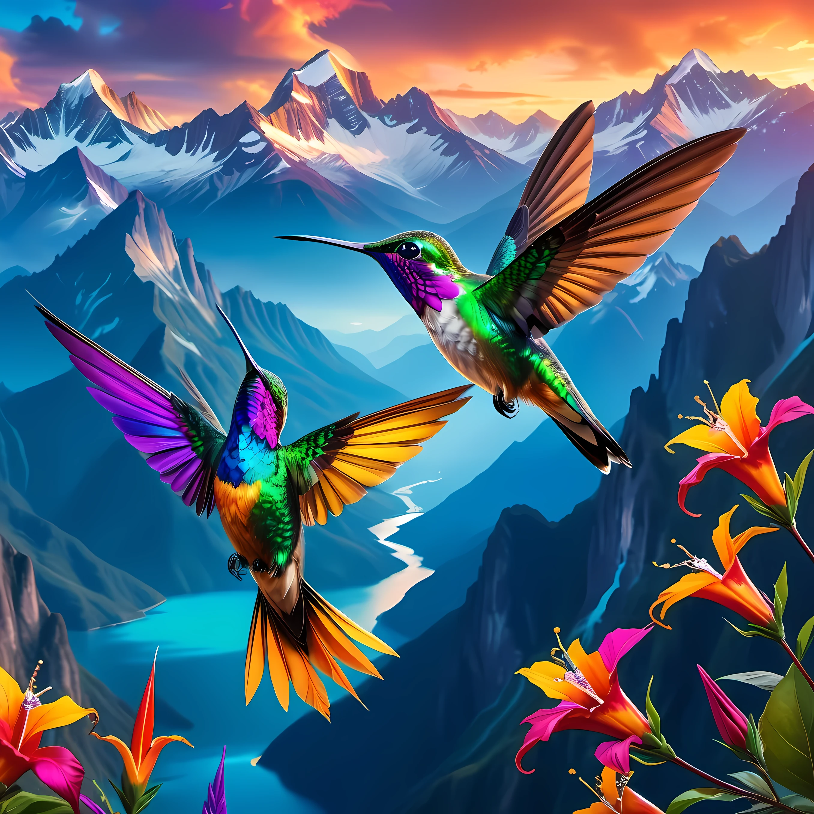 As a colorful hummingbird soars over a majestic mountain，Stunning scenes unfold, Reminiscent of the mythical bird of paradise. Its feathers radiate with vitality, Embodying the essence of Chromatic Radiance’s digital fantasy art style. This artwork, Presented in vivid colors and 4K Ultra HD, Draw inspiration from the airbrushing techniques of Frederick Church, Create mesmerizing and vibrant displays of true color. The scene captures the elusive and mysterious beauty of hummingbirds against a backdrop of towering mountains, Evoke a sense of wonder and awe