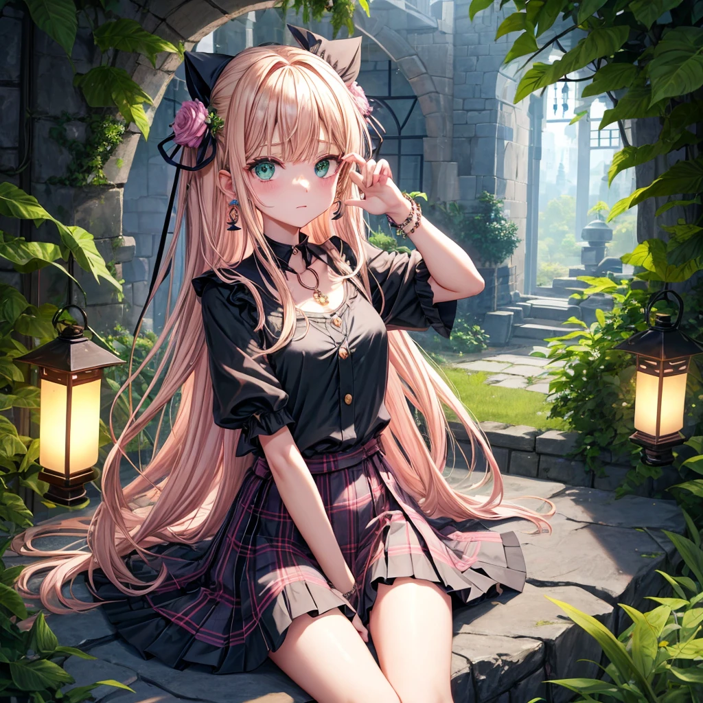 pink blonde、green eyes、one good looking girl、solo、anime、plaid mini skirt、the skirt has buttons、black camisole、black t-shirt、dress、wearing a ribbon、ribbon at waist、cloak、hood、stone slabs are piled up、raising one hand、crystal earrings、monster castle、jewelry necklace、Light and shadow、Hundreds of Ghosts at Night、lantern、sitting、legs crossed、mirror、tunnel、clock、Stuck in the wall、universe、skeletal specimen、fern plants、petal