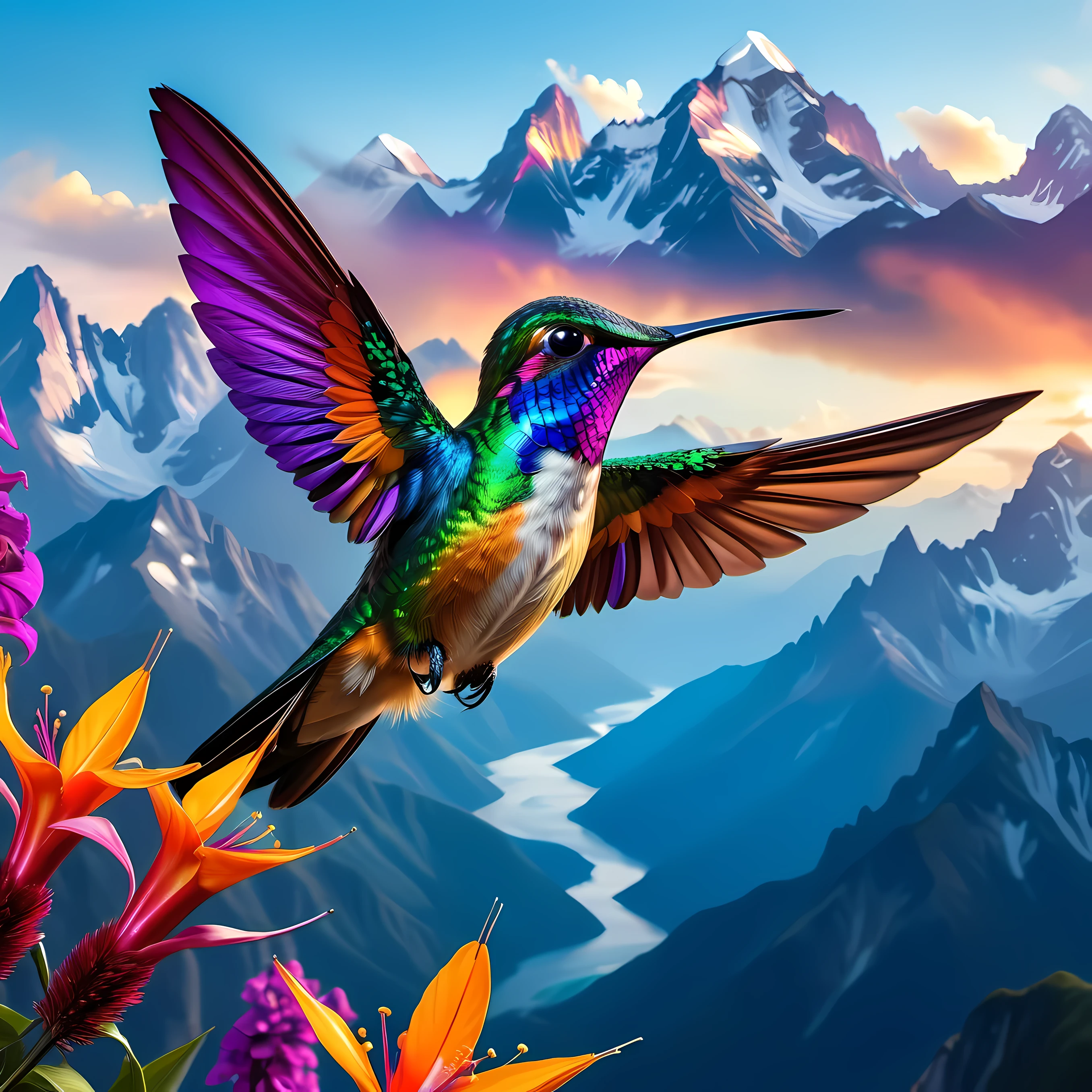 As a colorful hummingbird soars over a majestic mountain，Stunning scenes unfold, Reminiscent of the mythical bird of paradise. Its feathers radiate with vitality, Embodying the essence of Chromatic Radiance’s digital fantasy art style. This artwork, Presented in vivid colors and 4K Ultra HD, Draw inspiration from the airbrushing techniques of Frederick Church, Create mesmerizing and vibrant displays of true color. The scene captures the elusive and mysterious beauty of hummingbirds against a backdrop of towering mountains, Evoke a sense of wonder and awe