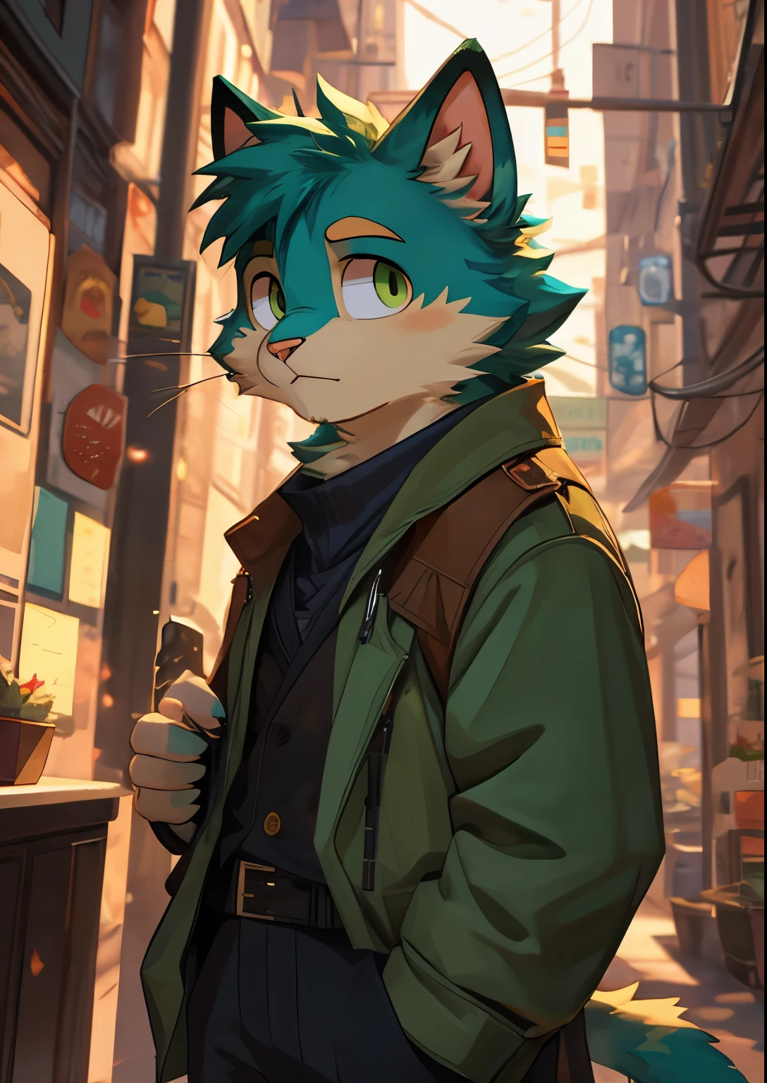 Simple cute cartoon simplistic cell shading cat male teal and green