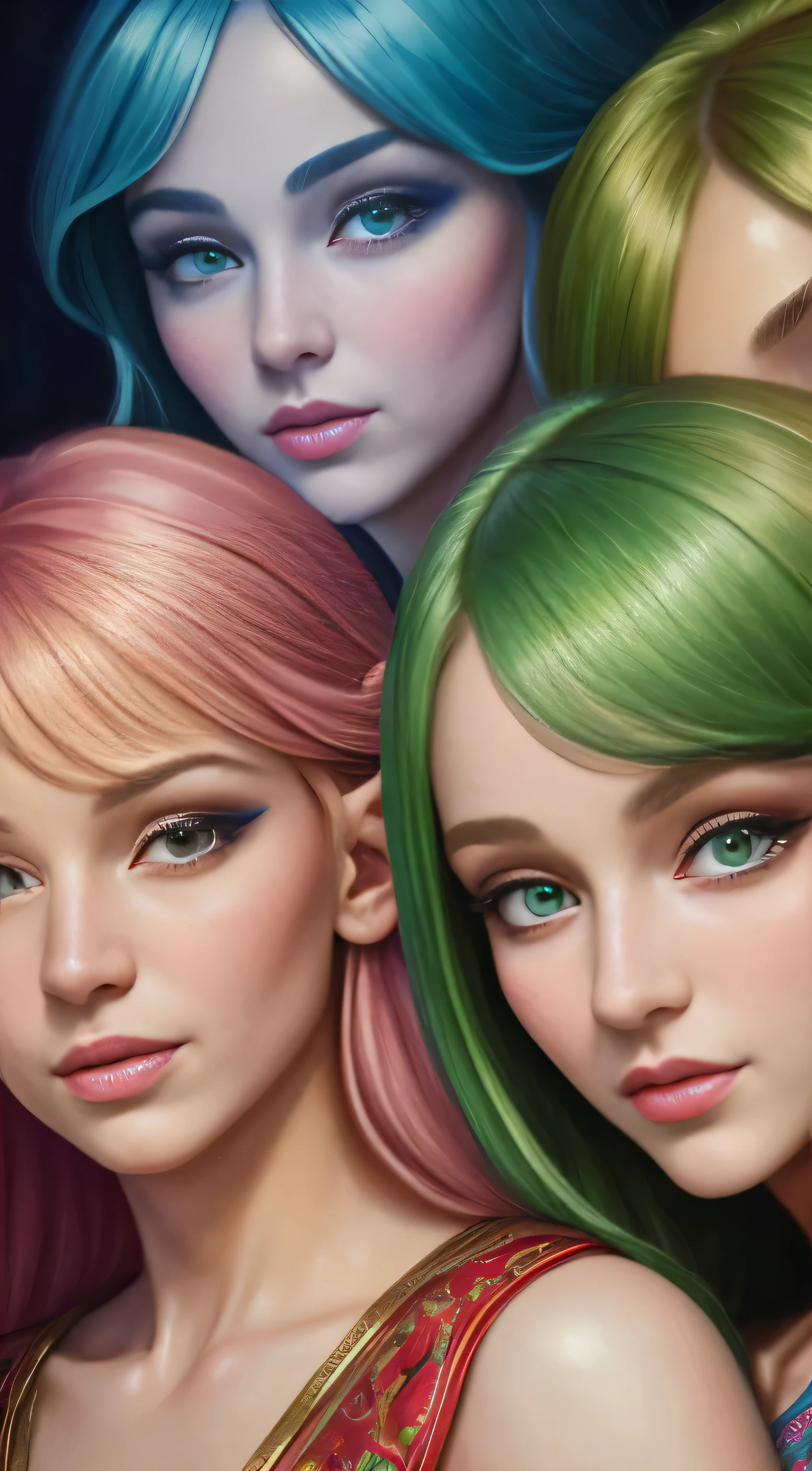 (((masterpiece))), best quality, hyper-detailed gouache style painting portrait of a group of beautiful female elves, featuring smooth shadows and hyper-realistic textures, meticulously crafted with intricate brushstrokes and vibrant colors, 8k resolution for optimal viewing experience, expressive and realistic cartoony features that capture the unique charm of each elf, correct anatomy showcasing their graceful bodies, chromatic aberration adding a dreamlike quality to the painting, neon highlights accentuating their delicate features, global warm lights illuminating the scene and adding depth and dimension, dynamic poses that showcase their playful and enchanting personalities, expressive facial