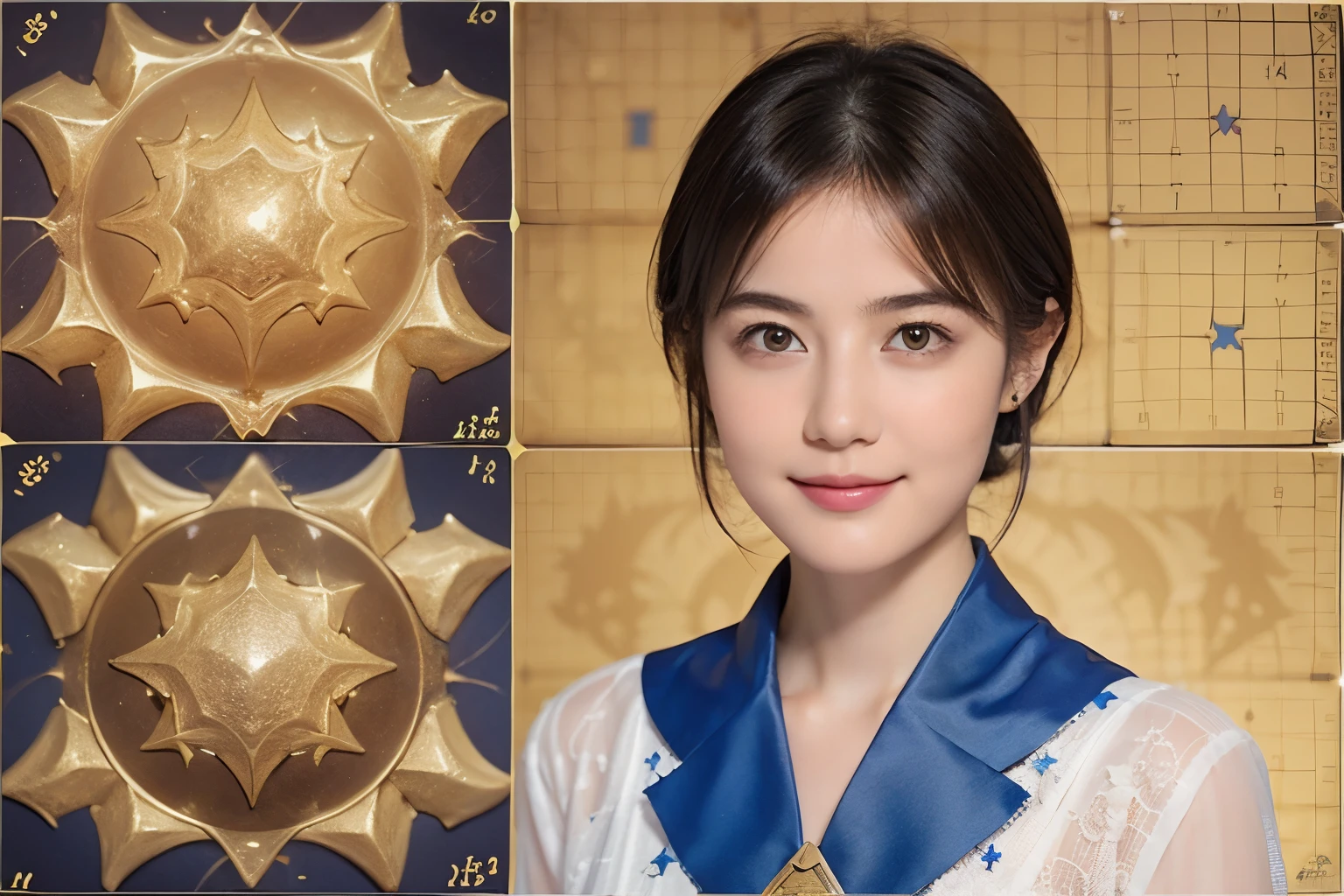 176 short hair, 20 year old woman, gentle smile, (The background is a magic square,fractal art:1.46)

