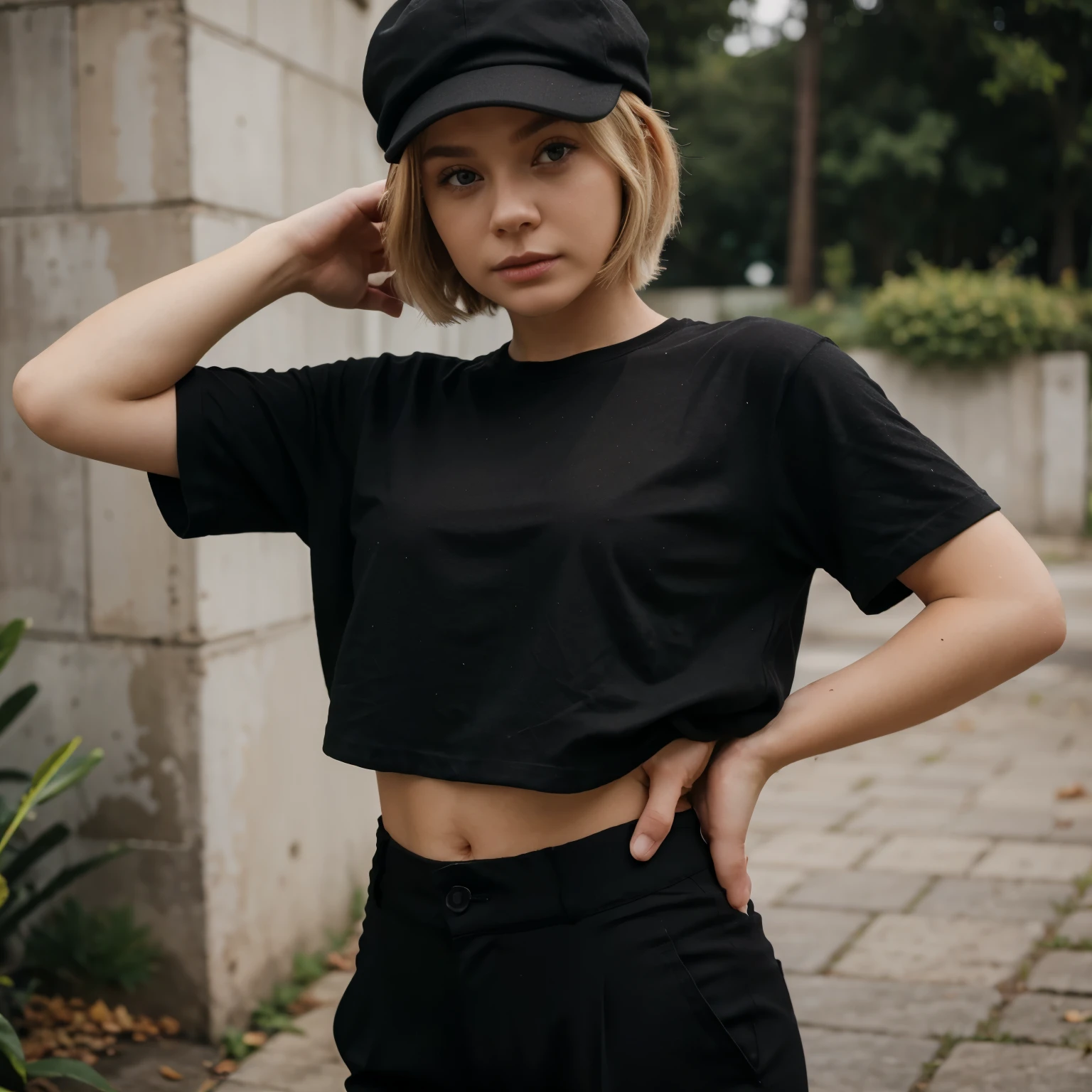 Short blonde hair little frog on the head black shirt black pants black cap