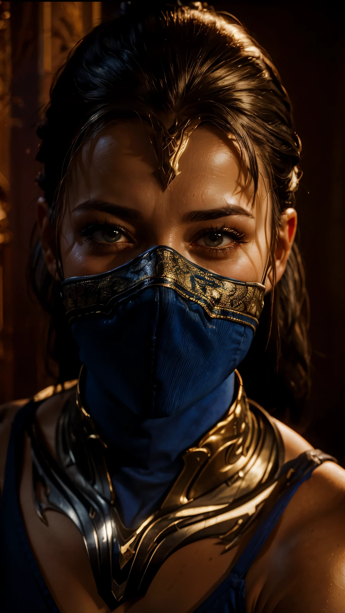 arafed woman wearing a blue mask and a gold neck tie, unreal engine 5 4 k uhd image, 8k portrait render, unreal engine 5 4k render, unreal engine 5 quality, unreal engine 5 demo, unreal engine 5 quality render, detailed unreal engine 5 render, unreal engine 5 4 k, unreal engine 5 render dramatic, unreal engine 5 highly rendered