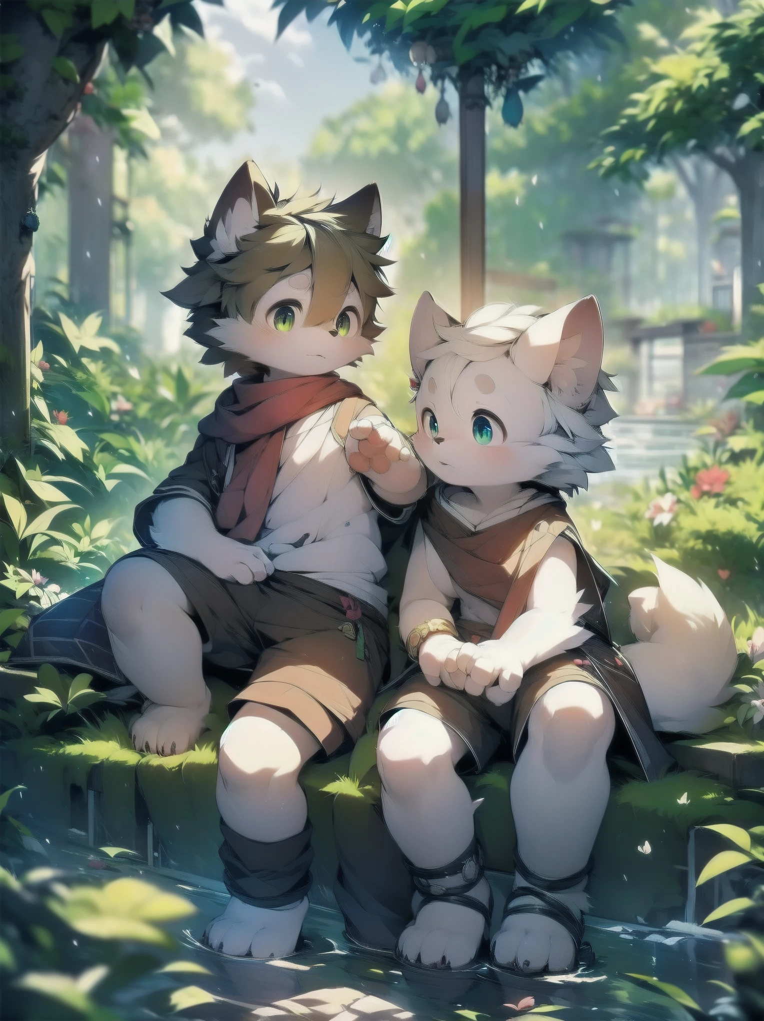 masterpiece, high quality portraits,Detailed background,(bright environment:0.8),wetlands,Baiyun,Sun rain,reed,lotus,Water purification,flowering,bushing,moss,Butterfly,Leaf umbrella,ruins,hairy male,White Wolf Boy,Shota,Beast type,No top,shorter pants,Short hair details,wolf ears,wolf tail,furry tail,Super fine fur, puppet focus,panoramic