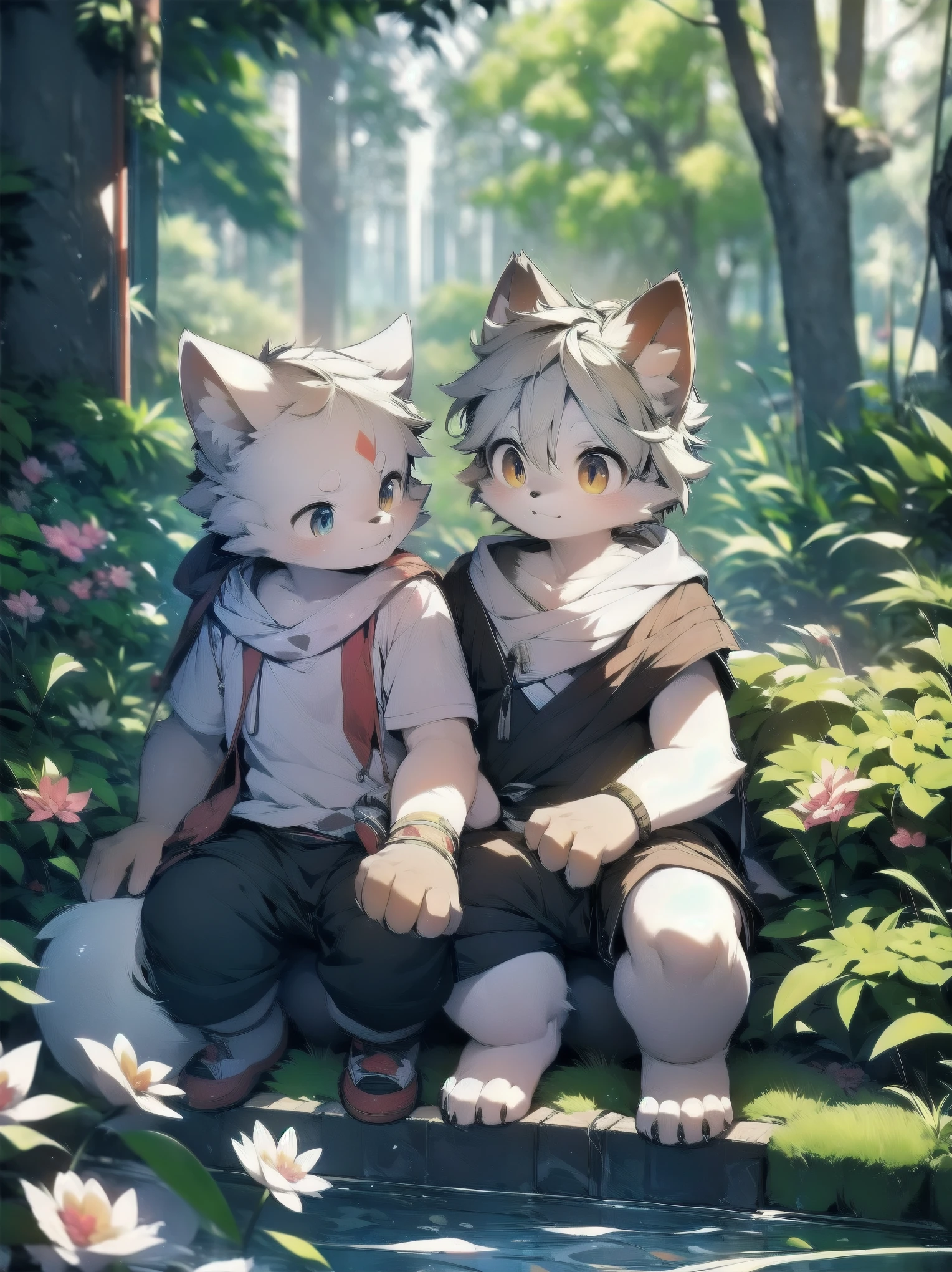 masterpiece, high quality portraits,Detailed background,(bright environment:0.8),wetlands,Baiyun,Sun rain,reed,lotus,Water purification,flowering,bushing,moss,Butterfly,Leaf umbrella,ruins,hairy male,White Wolf Boy,Shota,Beast type,No top,shorter pants,Short hair details,wolf ears,wolf tail,furry tail,Super fine fur, puppet focus,panoramic