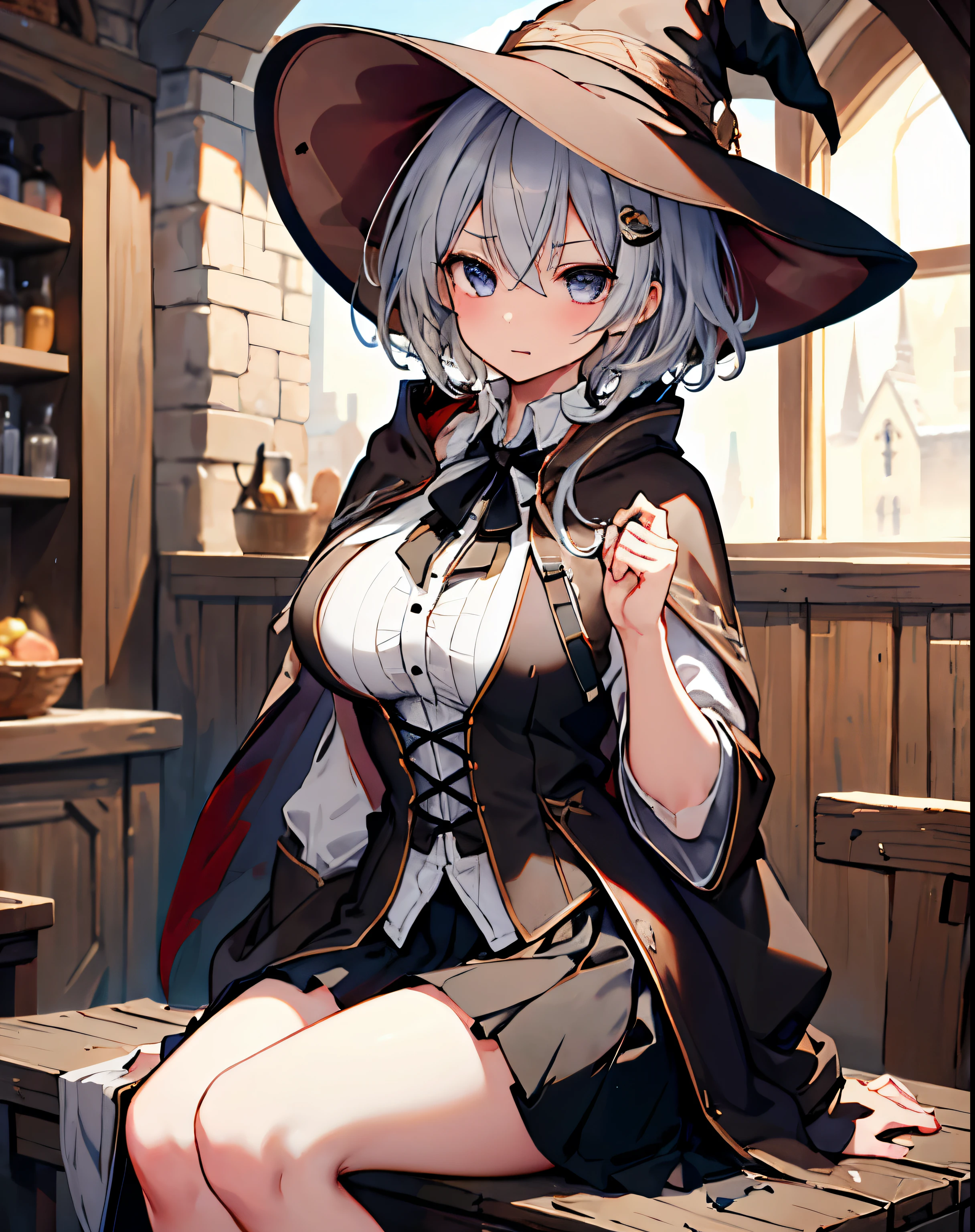 masterpiece,1girl, sparrow, a grey haired girl, wearing a medieval clothes, curly short hair, messy hair, black skirt, slim body, wearing witch hat, wearing brown capelet with hoody, huge breasts, she close her left eye, shirt ornament, lolippai, angry expression, beautiful breasts, rounded breasts, crimson eyes, dress, miniskirt, sit in medieval tavern, ahoge, breast armor, brown vest