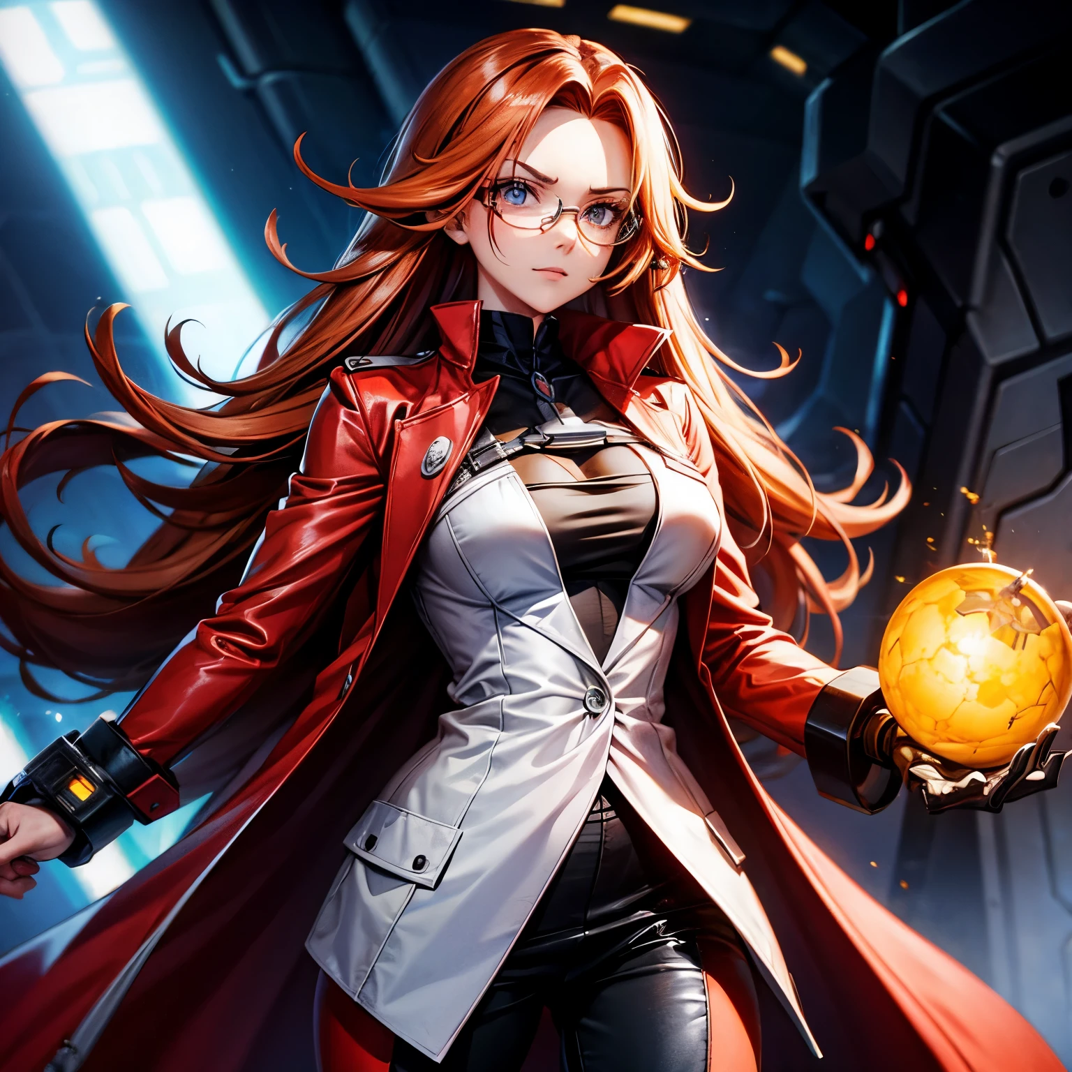 Arrogant cyborg mad scientist woman with large heavy dark circles under her eyes, wearing glasses, wearing a striking red scientist coat, long orange hair cascading down her back, and magical cybernetic limbs.