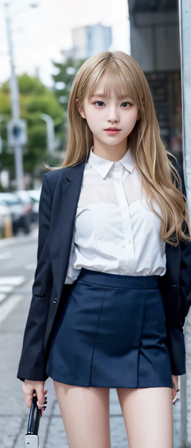 Innocent high school girl idol、whole body、good style、、、、、blonde hair、tall、Miniskirt Uniform、long beautiful legs